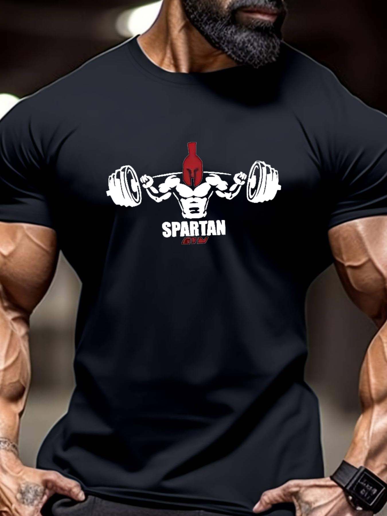 Men's Regular Fit Spartan Print Round Neck Tee, Casual Short Sleeve Crew Neck T-Shirt for Summer, Fashion Men's Top for Gym Workout Running Athletic Style Activewear Clothing
