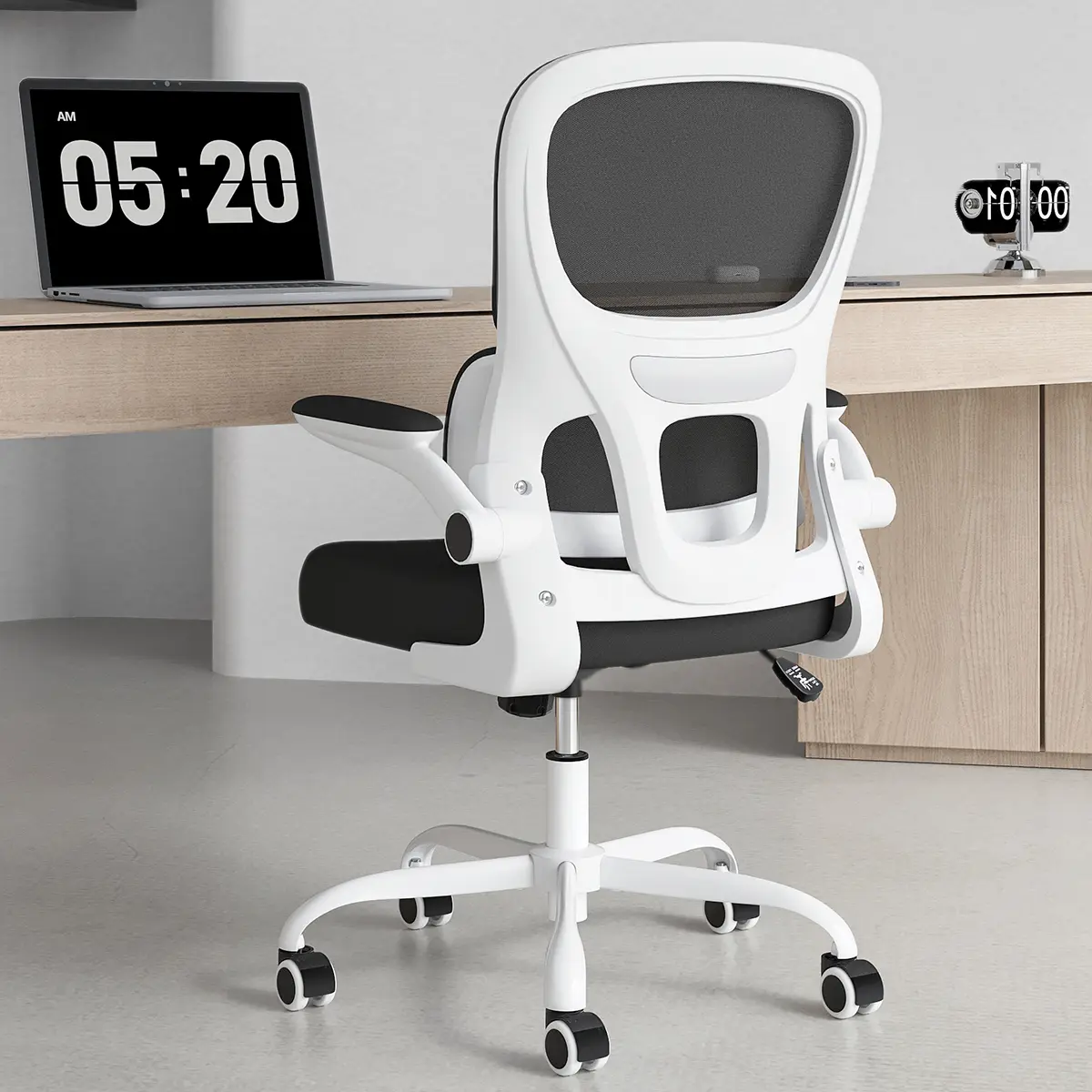 Office Chair, Mesh Ergonomic Office Chair with Lumbar Support, Comfy Computer Desk Chair with Flip Armrest Rolling Wheels for Home Study Room Office, White & Black On-Site