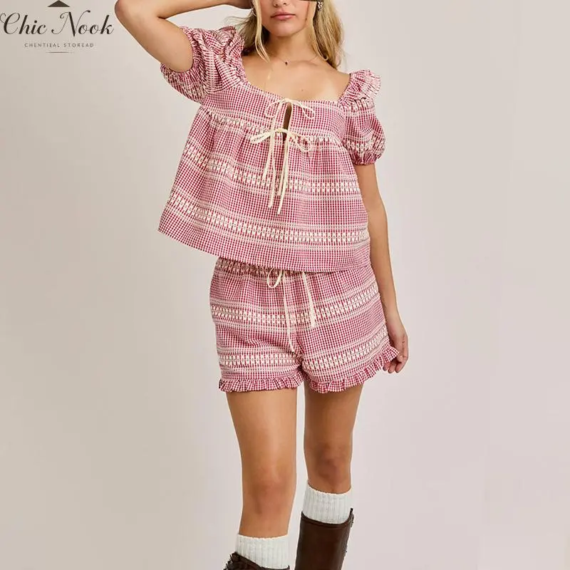 2 Piece Sets for Women Casual Summer Gingham Outfit Puff Sleeve Crew Neck Top Matching Shorts Set with Scalloped Hem