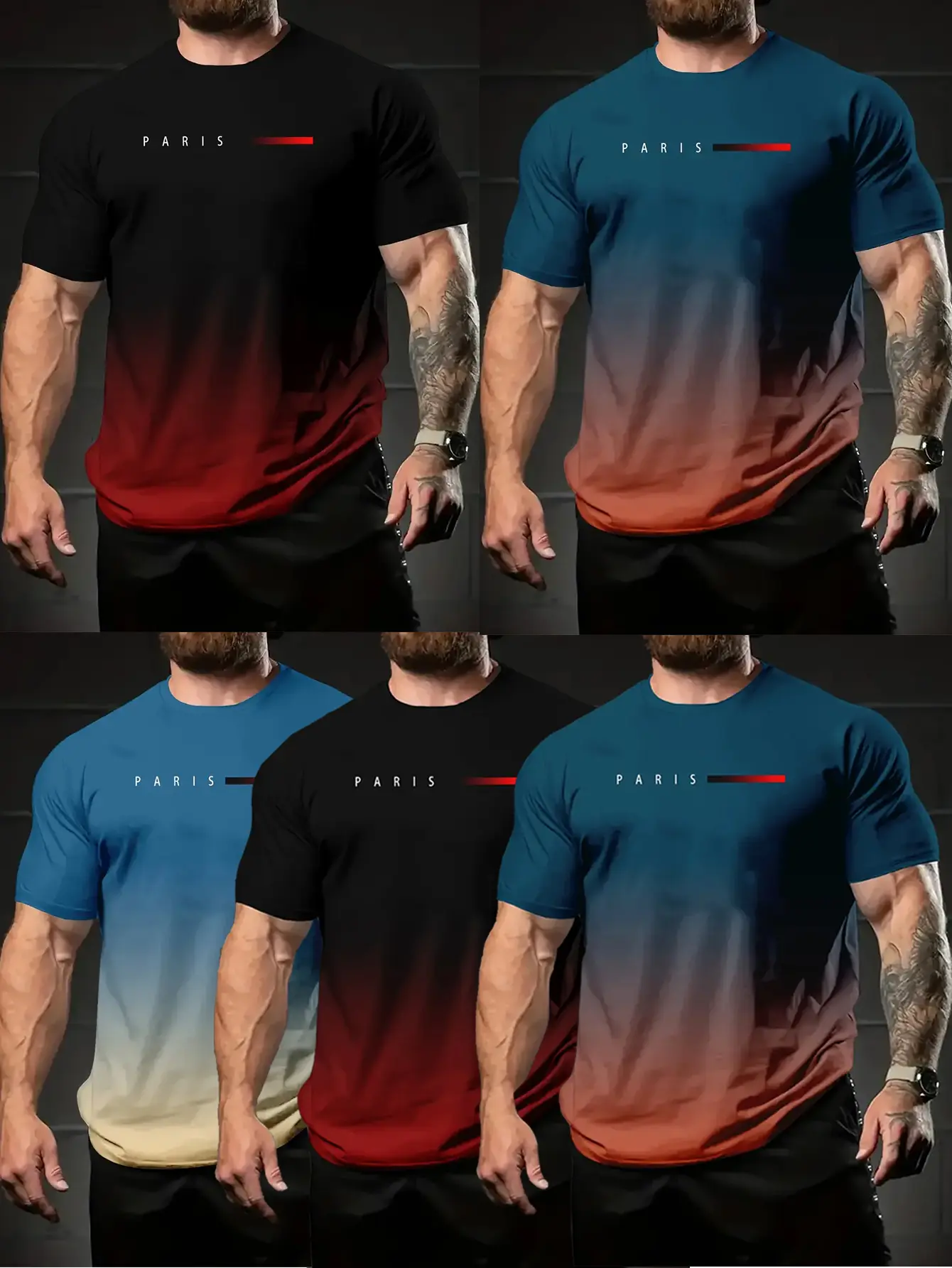 5-Pack Color Gradient Short Sleeve Crew Neck T-Shirts (Men’s Style) — Casual Summer Comfortable T-Shirts with Letter Print, an Ideal Gift Choice