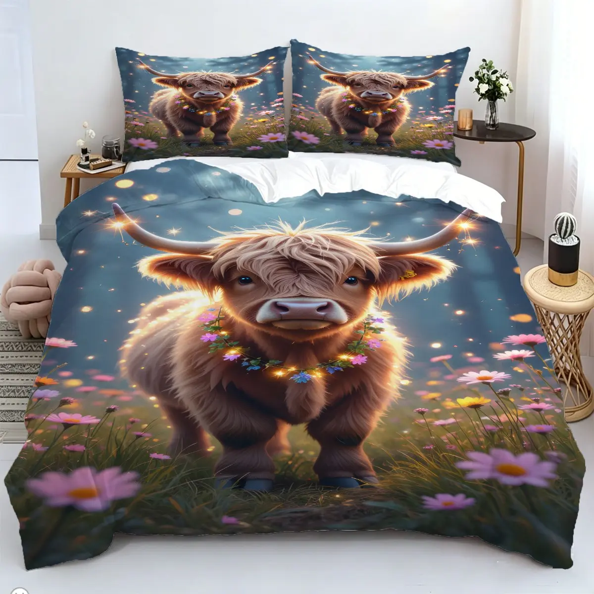 2/3pcs Cartoon Scottish Highland Cow Print Duvet Cover Set, Daisy Meadow Print Bedding Set, Soft And Breathable, Includes 1 Duvet Cover And 1/2 Unfilled Pillowcases, Zip Closure, Farm Animal Country Style, Suitable For Bedroom Bedding Set.