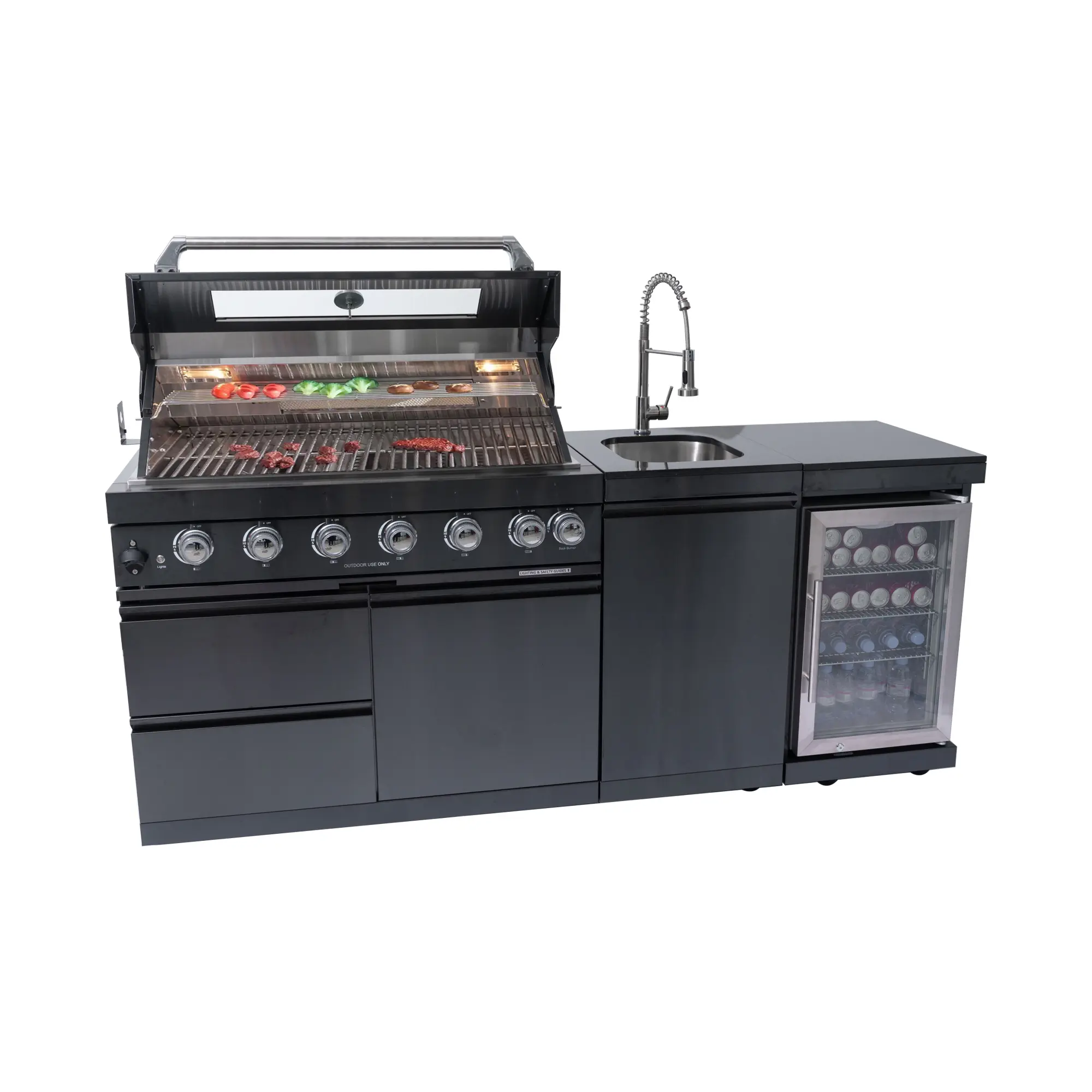 Nokaa 85-Inch 6-Burner Stainless Steel Gas Grill Island Outdoor Kitchen with Rotisserie, Wine Cooler, Granite Countertops, Sink, 85000 BTU, Black, American Design for Patio Backyard BBQ, Available in Black Stainless Steel