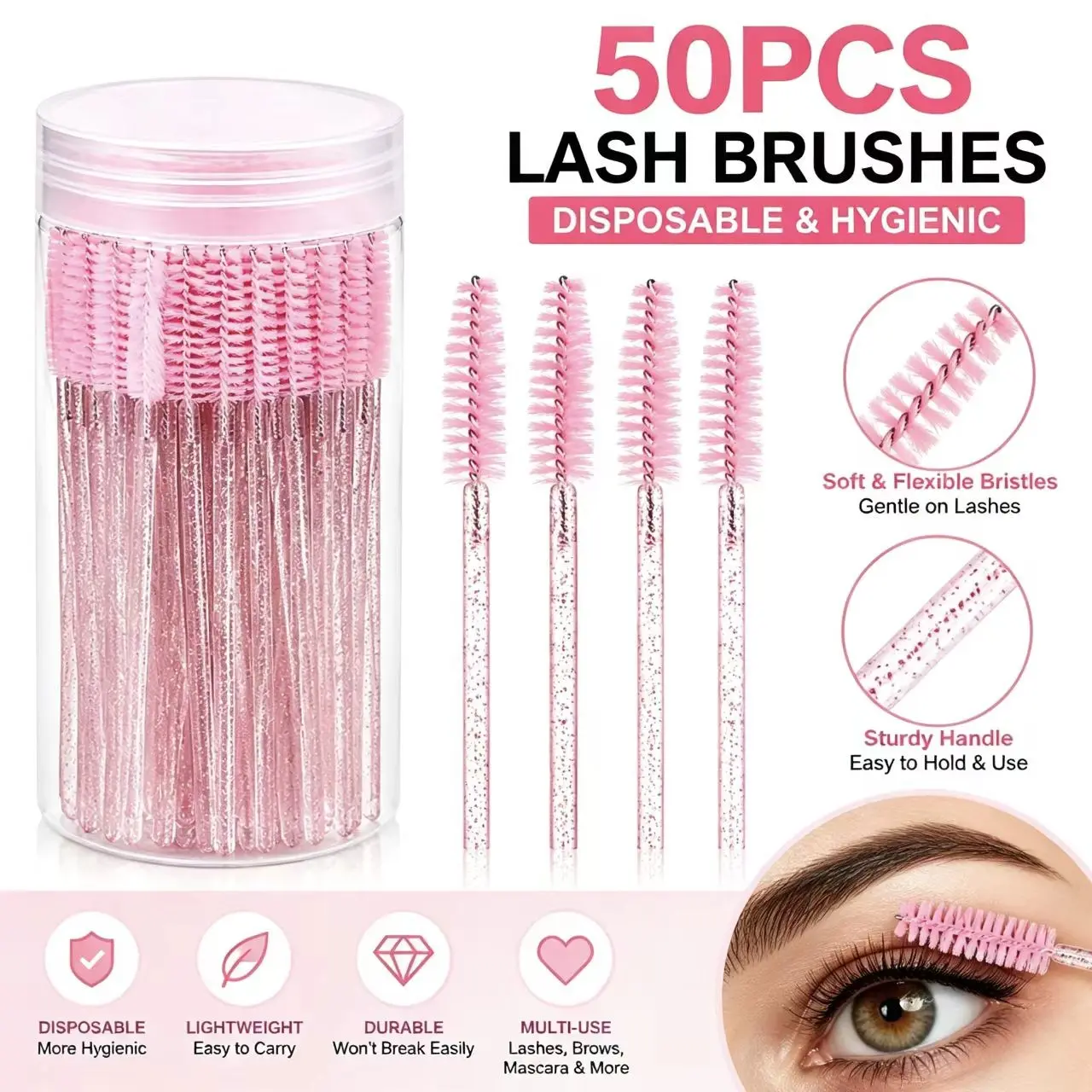 50 Disposable Eyelash Brushes with Container, Eyeshadow Brush, Applicator, Lash Extension Kit, Brow Brush Set (crystal )