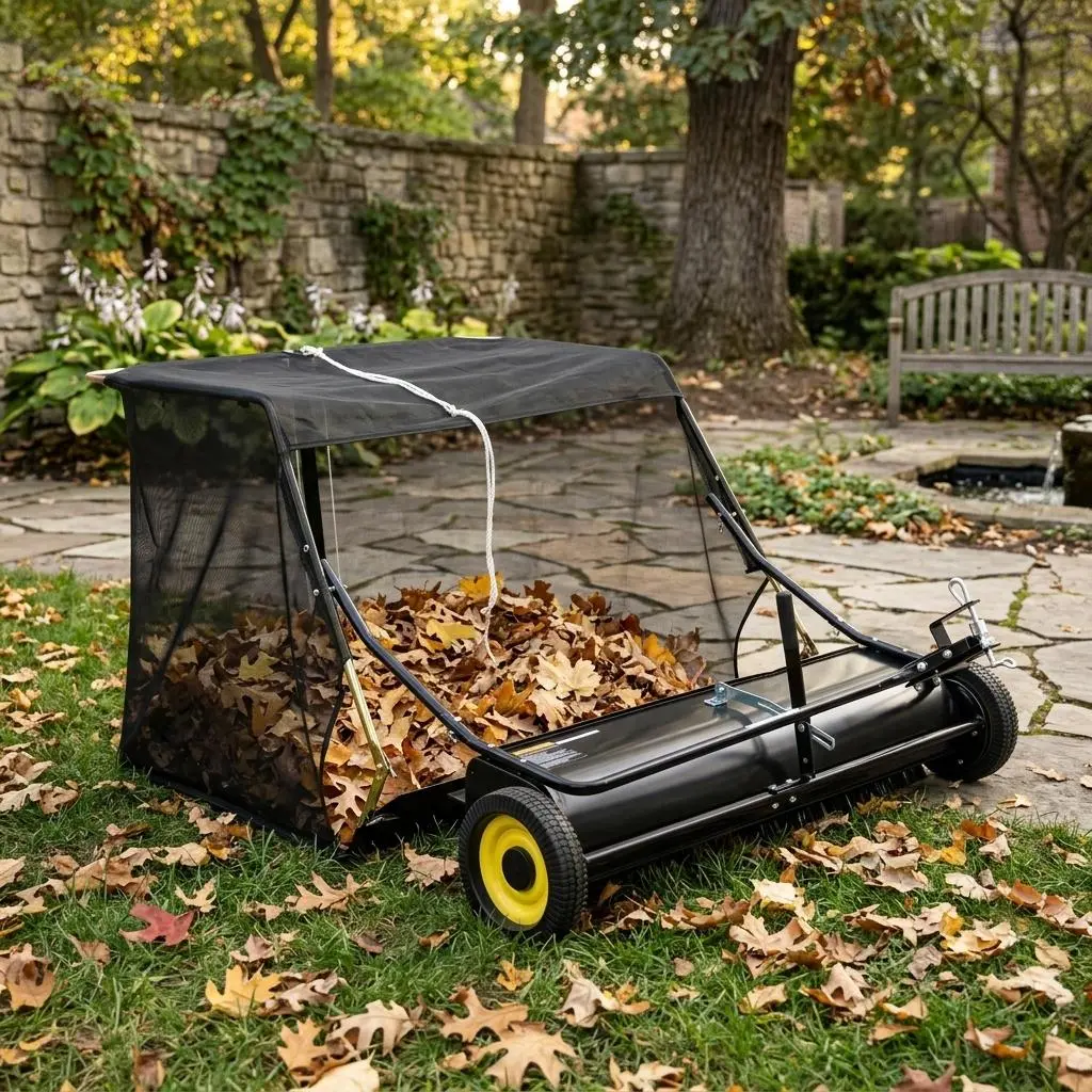 42 Inch Heavy Duty Tow Behind Lawn Sweeper, Large Capacity Leaf Grass Collector with Adjustable Height and Dumping Rope, Efficient Yard Debris Picker