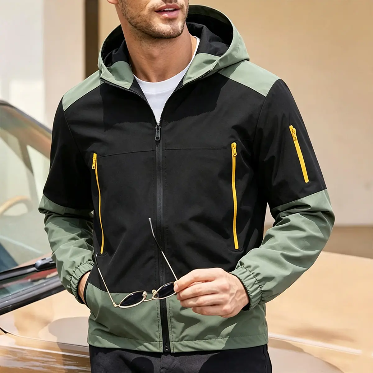 Men’s Color-Block Spliced Hooded Utility Windbreaker Jacket - Full-Zip Outerwear with Contrast Zipper Details, Multi-Zipper Security Pockets, Adjustable Drawstring Hood, Elastic Cuffs, Loose Fit for Daily Commute, Hiking
