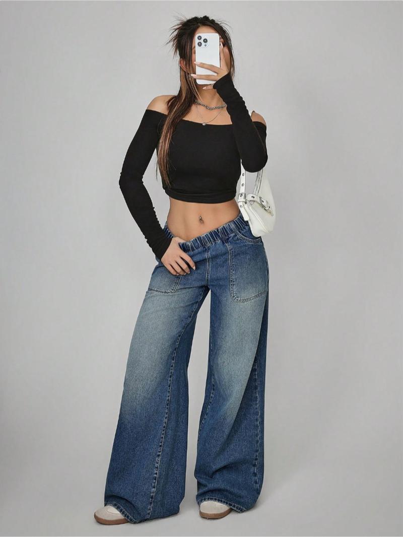 Women's High Waisted Casual Pants, Loose Wide Leg Jeans with Pockets, Elastic Waist, Button Front, All Seasons, Daily Wear