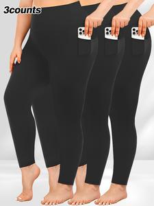 【plus size】 solid high waist pocket leggings, casual comfy breathable skinny pants for women, women's bottoms for fall & winter