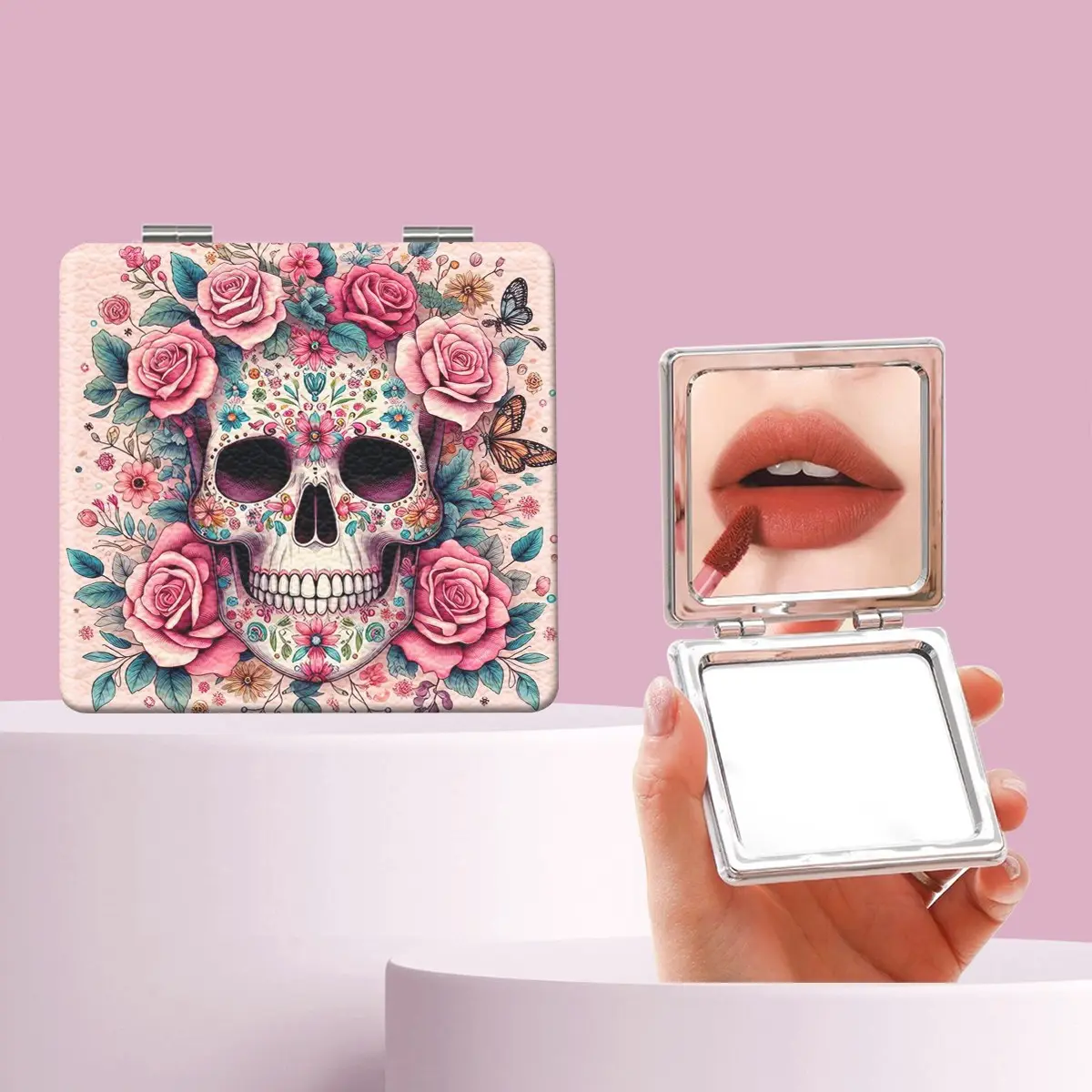 Gothic Rose Butterfly Skull Makeup Mirror, Foldable Mini Handheld Mirror, Perfect Gift for Sisters, Friends, Girls, Weddings, Holidays