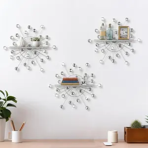 Yaocom 3 Pcs Crystal Floating Shelves, Bling Sparkle Metal Starburst Wall Decor Shelves, Silver Wall Mounted Storage Shelf for Bedroom Bathroom Living Room Kitchen Office