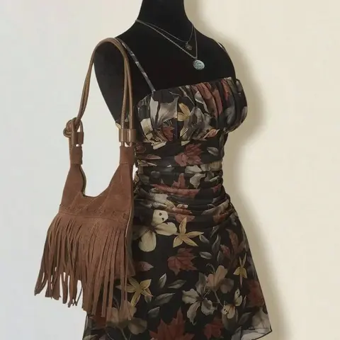 【Black Friday】Women's Vintage Maple Leaf and Floral Print Ruched Mini Dress, Retro Bohemian Spaghetti Strap Dress, Perfect for Spring and Fall, Casual Stylish and Comfortable Boho Dress #GLOBAL PICKS