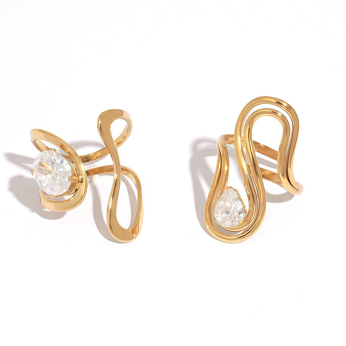 1pc 18K Gold Plated Geometric Line Zircon Open Ring for Women, Stainless Steel Adjustable Sleek Contemporary Jewelry, Dinner Date Holiday Gift for Girlfriend Bestie Gold-Plated Striped Couple Minimalist Stacking