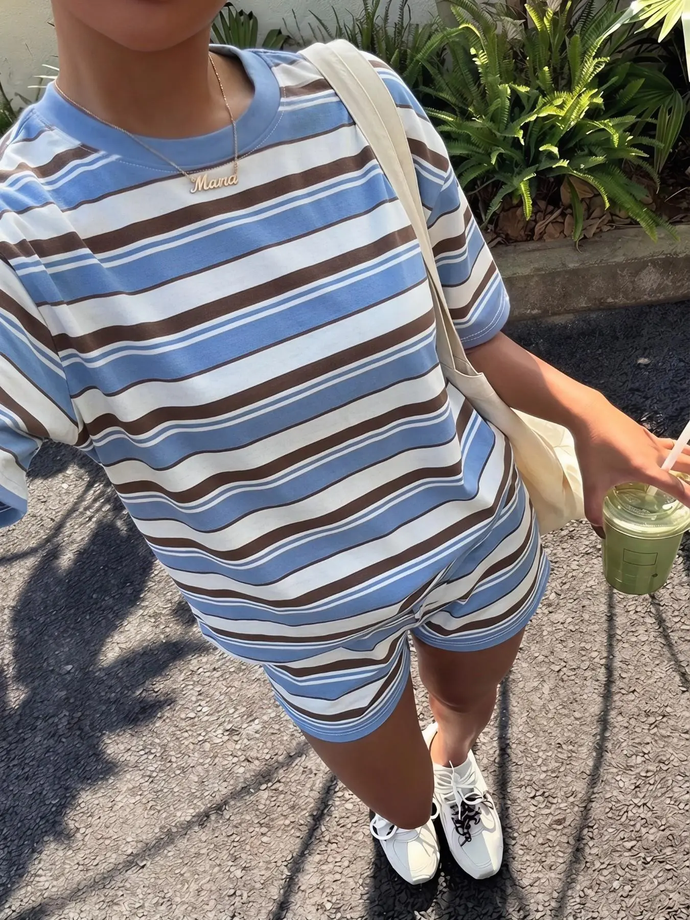 Women Blue Brown White Striped Two Piece Loungewear Set, Crew Neck Loose Short Sleeve T-shirt & Elastic Waist Matching Shorts, Soft Knit Co-Ord For Outdoor Walk Coffee Shop Home Casual Summer Daily Ladies Outfit