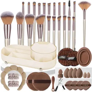 47-Piece Makeup Tool Set, 22 Brushes with Storage Bucket, Sponge, Puff, Cleansing Sponge, Headband, Curler, Silicone Face Wash Tool, Daily Beauty Kit