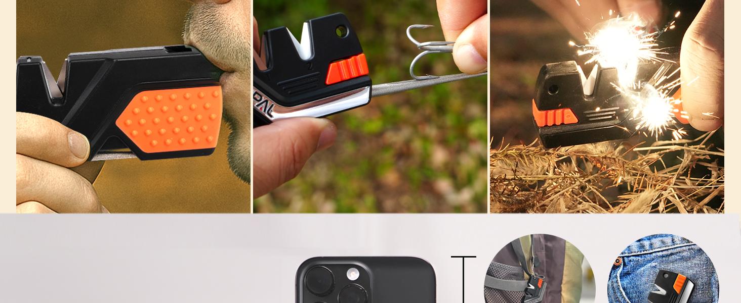 101N 6-in-1 Pocket Knife Sharpener & Survival Tool With Diamond Sharpening Rod, Fire Starter Ferro Rod, Whistle – For Straight & Serrated Blades, Knives (Sharpens, Repairs & Hones)