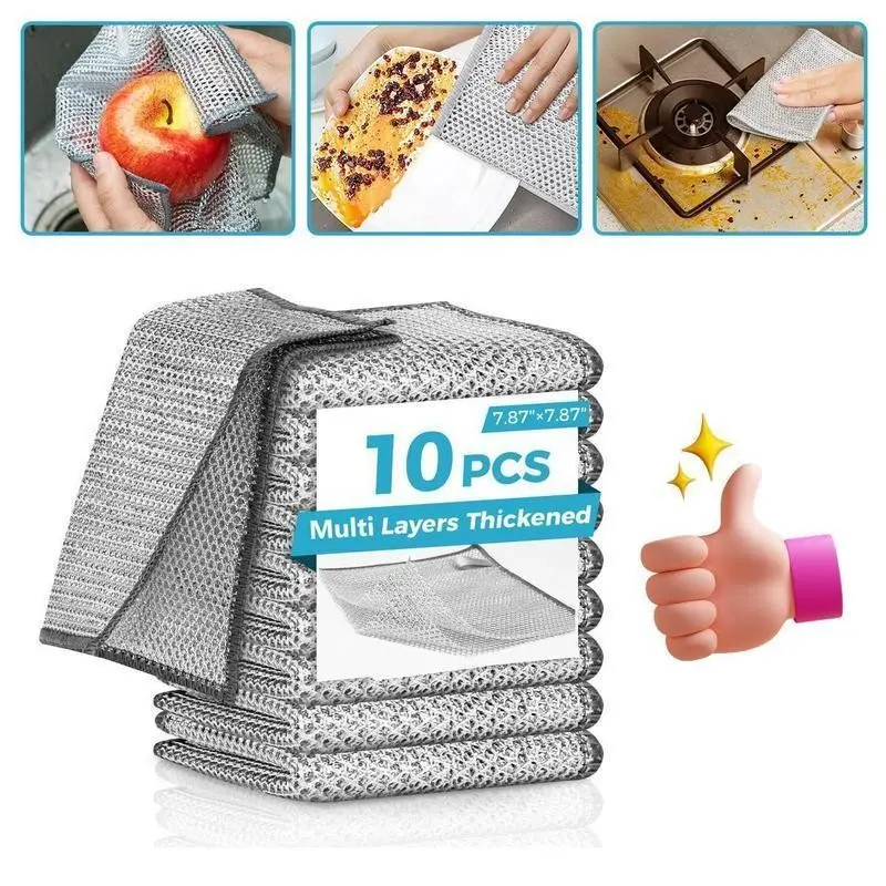 Double Layer Reusable Dish Cloth 20 Counts single layer Dishwashing Rags��Multipurpose Non-Scratch Wire Dishcloths for Wet and Dry Use, Reusable Wire Cleaning Cloths for Kitchen, Sinks, and Pans Silver Removable, Washable & MoreGift