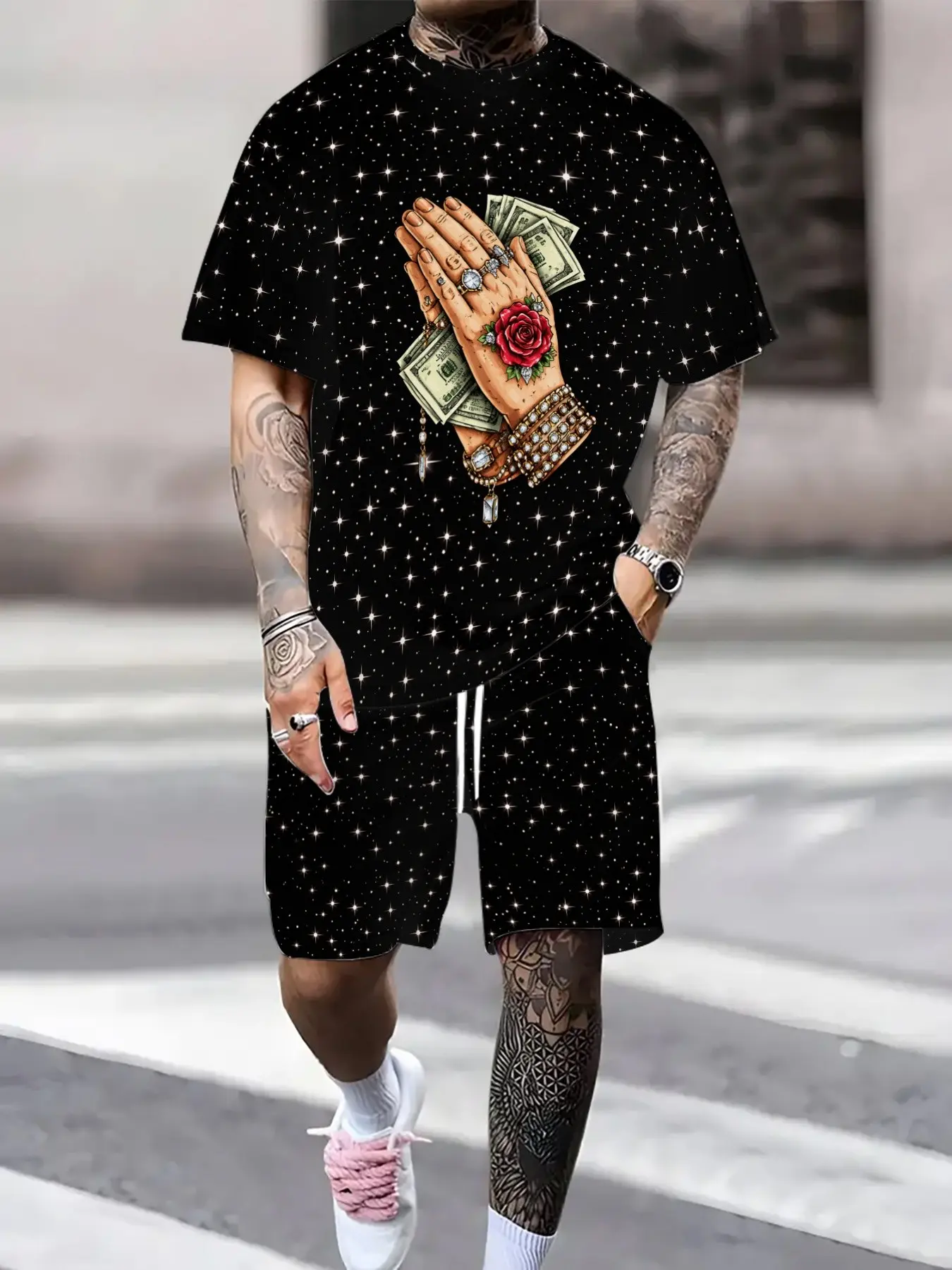 Men's Hip Hop Streetwear Set, Base Starry Sky Money Hand Rose Short Sleeve Shorts, Trendy Two-Piece, Casual All-Season Fashion