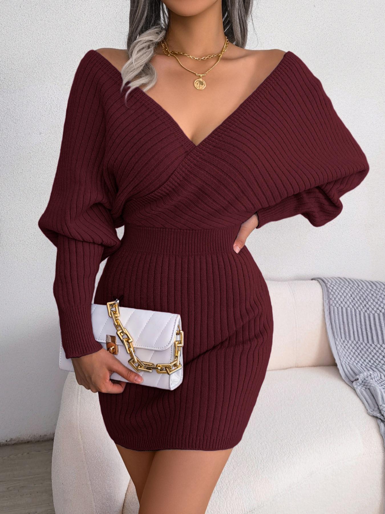 Women's Plain Wrapped V Neck Leg-of-mutton Sleeve Sweater Dress, Slim-fit Long Sleeve Bodycon Jumper Dress, Womenswear