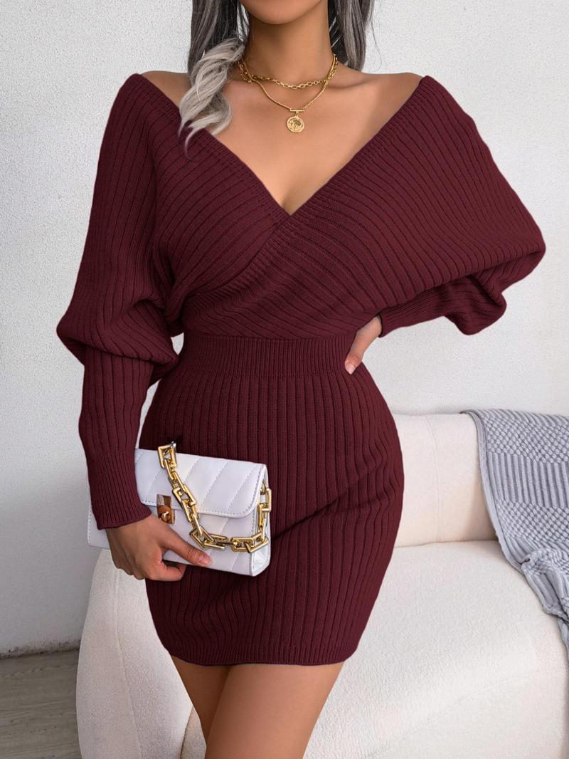 Women's Plain Wrapped V Neck Leg-of-mutton Sleeve Sweater Dress, Slim-fit Long Sleeve Bodycon Jumper Dress, Womenswear