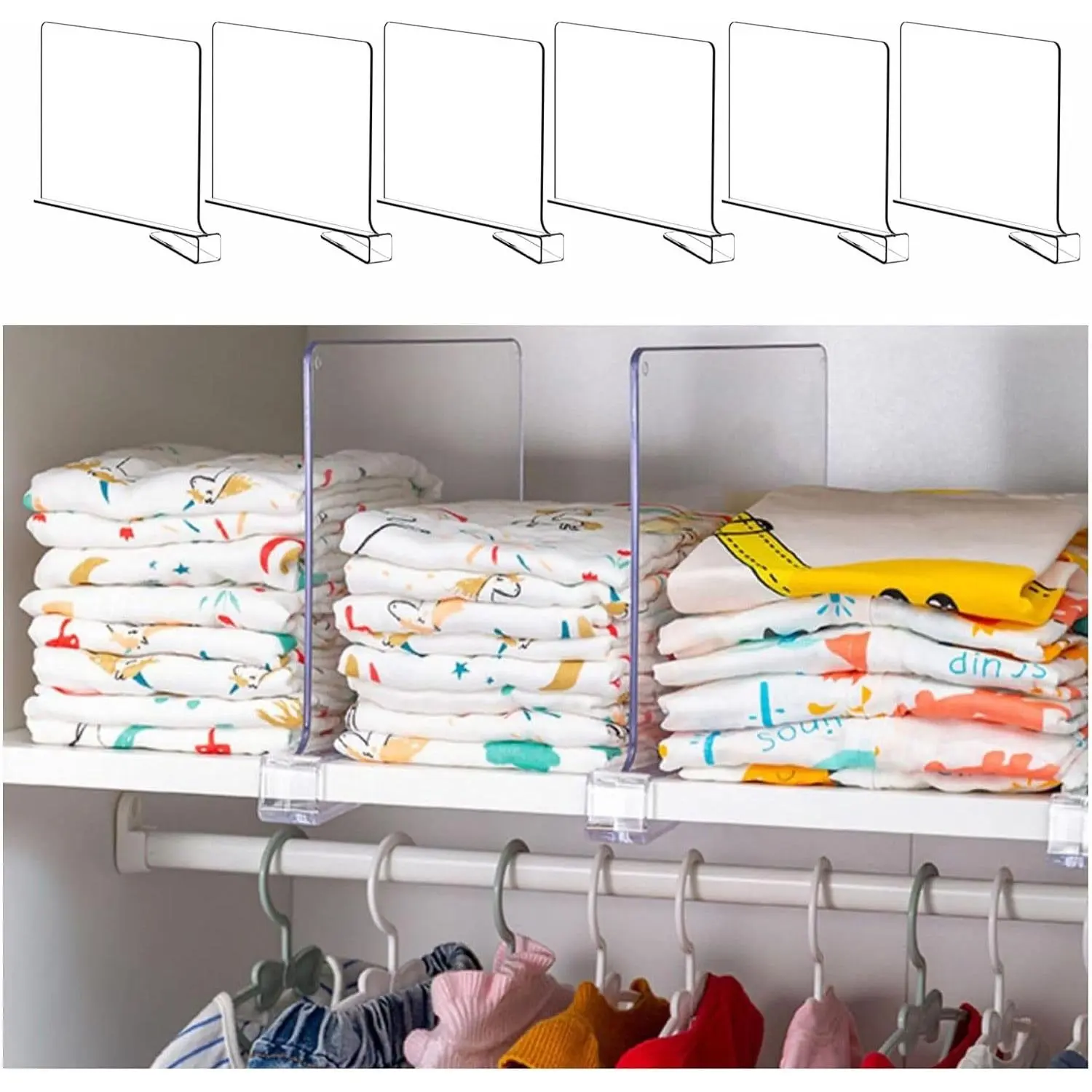Yieach 6-Pack Silicone-Enhanced Acrylic Closet Shelf Dividers, 9.2in Tall Vertical Compartment Organiser for Wood Shelves, Ideal for T-Shirts, Purses