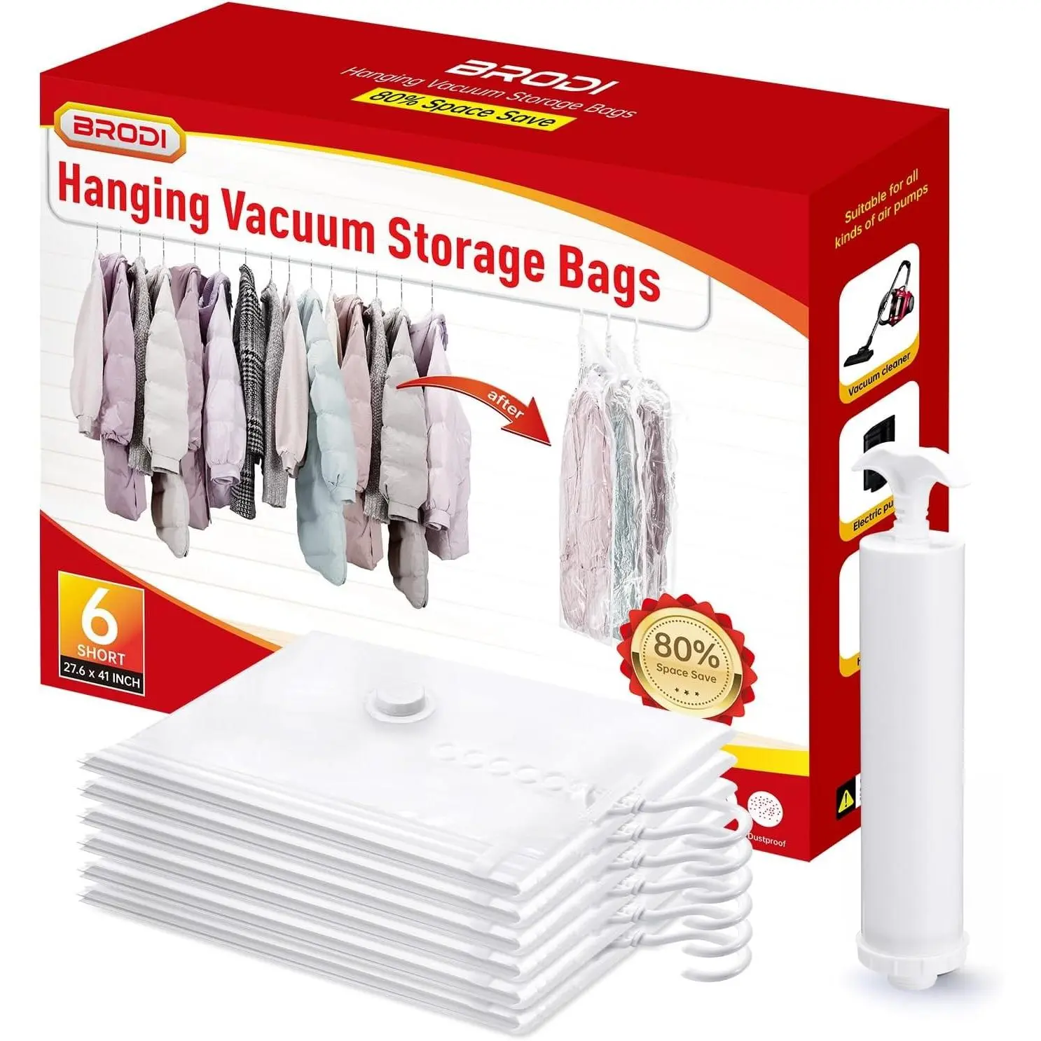 Hanging Vacuum Storage Bags For Clothes With Hand Pump,Coat Storage Bag Hanging,Vacuum Bags For Clothes,Space Saver Vacuum Storage Bags,Garment, Clothing, Dress, Suit, Long Coat, Jacket(Short 6 Pack）