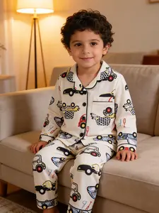 Fire Retardant Boys' Home Clothing Set, 2-Piece Long Sleeve Shirt & Pants, Soft Skin-Friendly Sleepwear, Cartoon Car Print, 2-8 Years