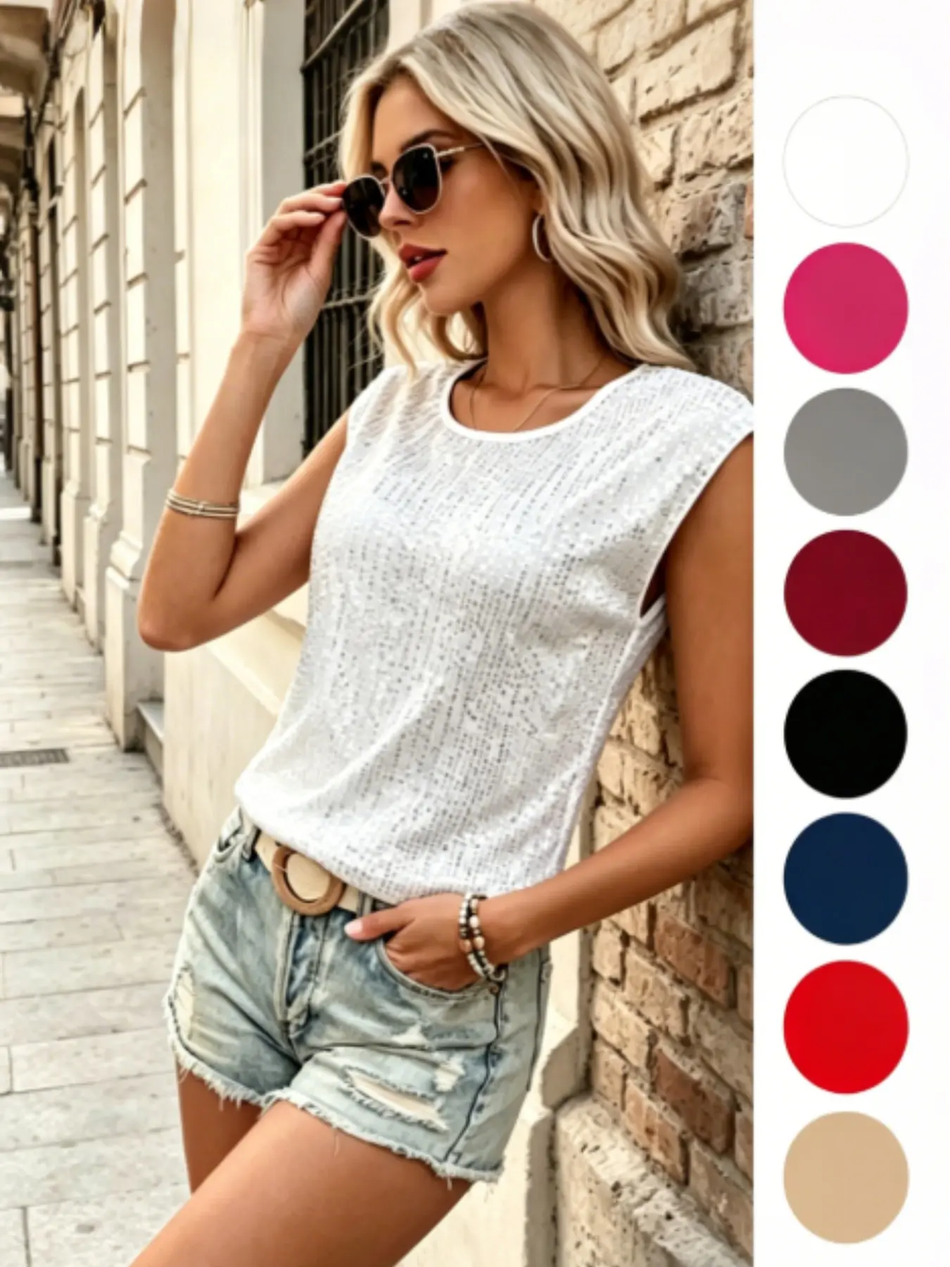 Sparkly Sequin Crew Neck Cap Sleeve T-Shirt for Women, Casual Party Top, Holiday, Night Out, Clubwear