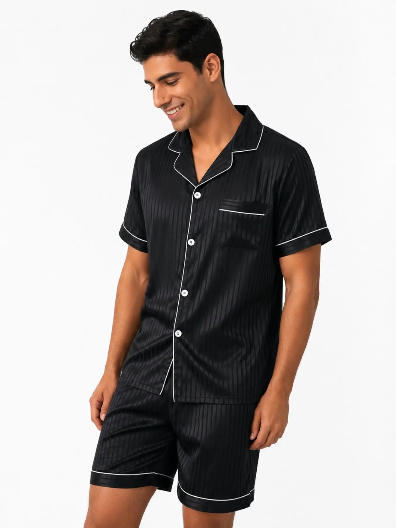Men's Striped Satin Feel Short Sleeve Shorts Pajama Set, Collar Button Smooth Elastic Home Wear Two-Piece Set, Casual Comfy Pyjama