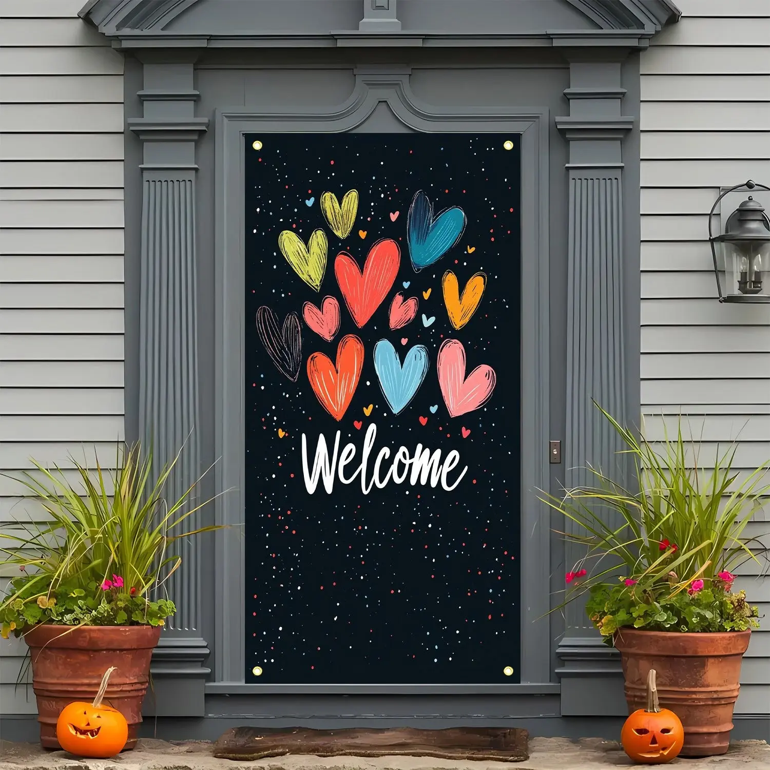 2D Colorful Heart Welcome Door Curtain Banner, Hand-Drawn Hearts, Stars, and 'welcome' Text, Polyester, Metal Hooks, Ideal for Parties and Daily Decor