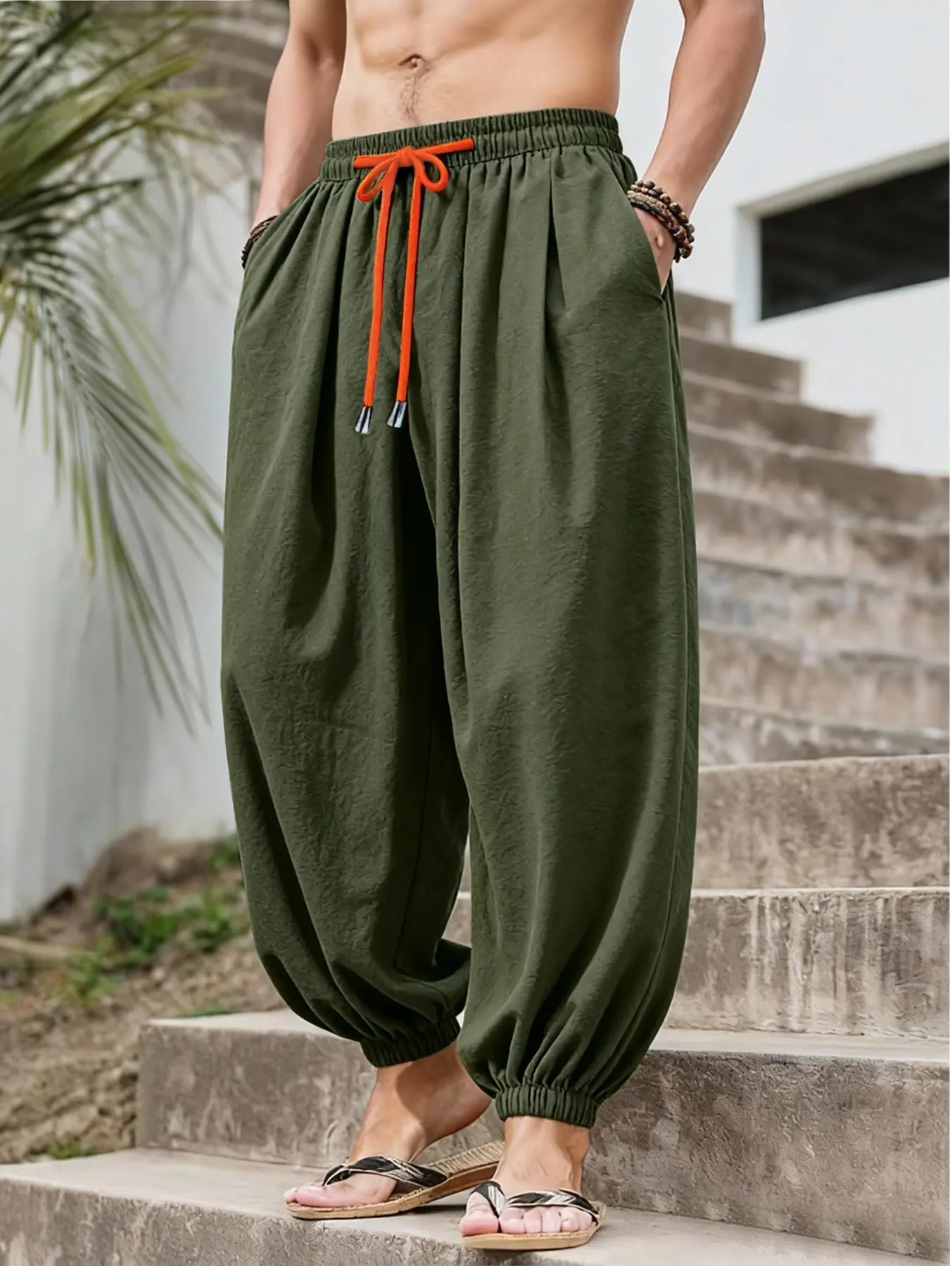 Men's Japanese Style Vacation Lantern Pants, Colorblock Drawstring Waist, Loose Fit, Breathable Casual Harem Pants, 1 Piece Set