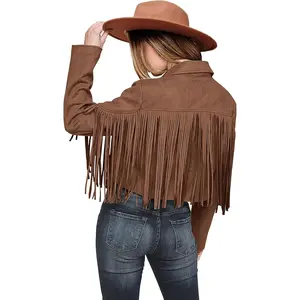 Women's Fringe Faux Suede Leather Jackets Fall Fashion Tassel Motorcycle Cropped Coats