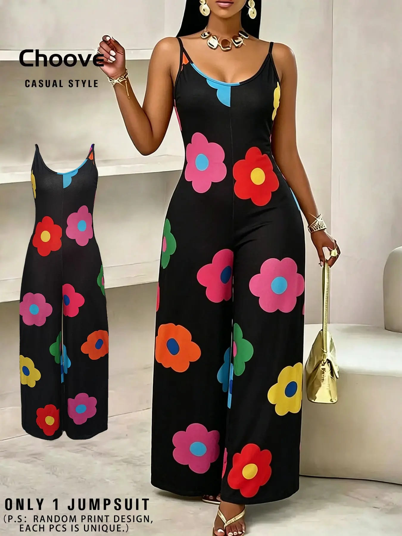 Women's Casual Chic Large Colorful Floral Print Halter Sleeveless Jumpsuit, Side Slit Pockets, Thin Soft Lightweight Fabric, Sexy Loose-Fitting One-Piece