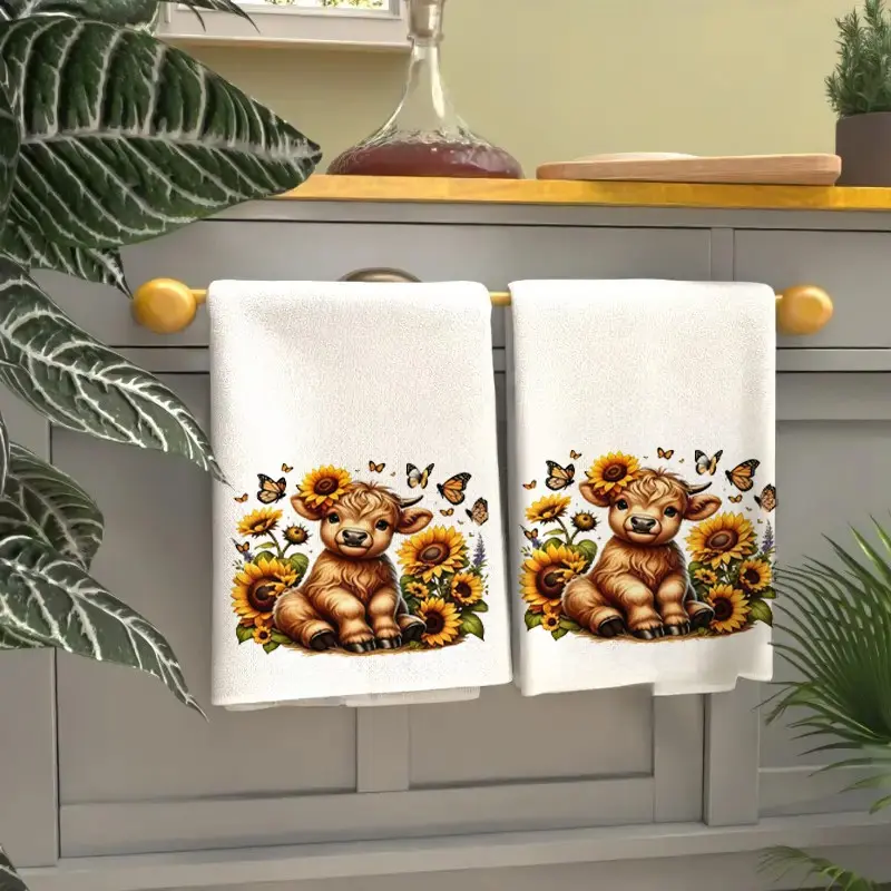 2pcs Highland Cow Kitchen Cleaning Towels - Soft,Absorbent Microfiber Dish Cloths, Dish Towels For Drying Dishes, For Washing Dishes, Quick-Dry, Machine Washable, Perfect for KitchenDecor, Dining. Ideal Gift for Highland CowLovers