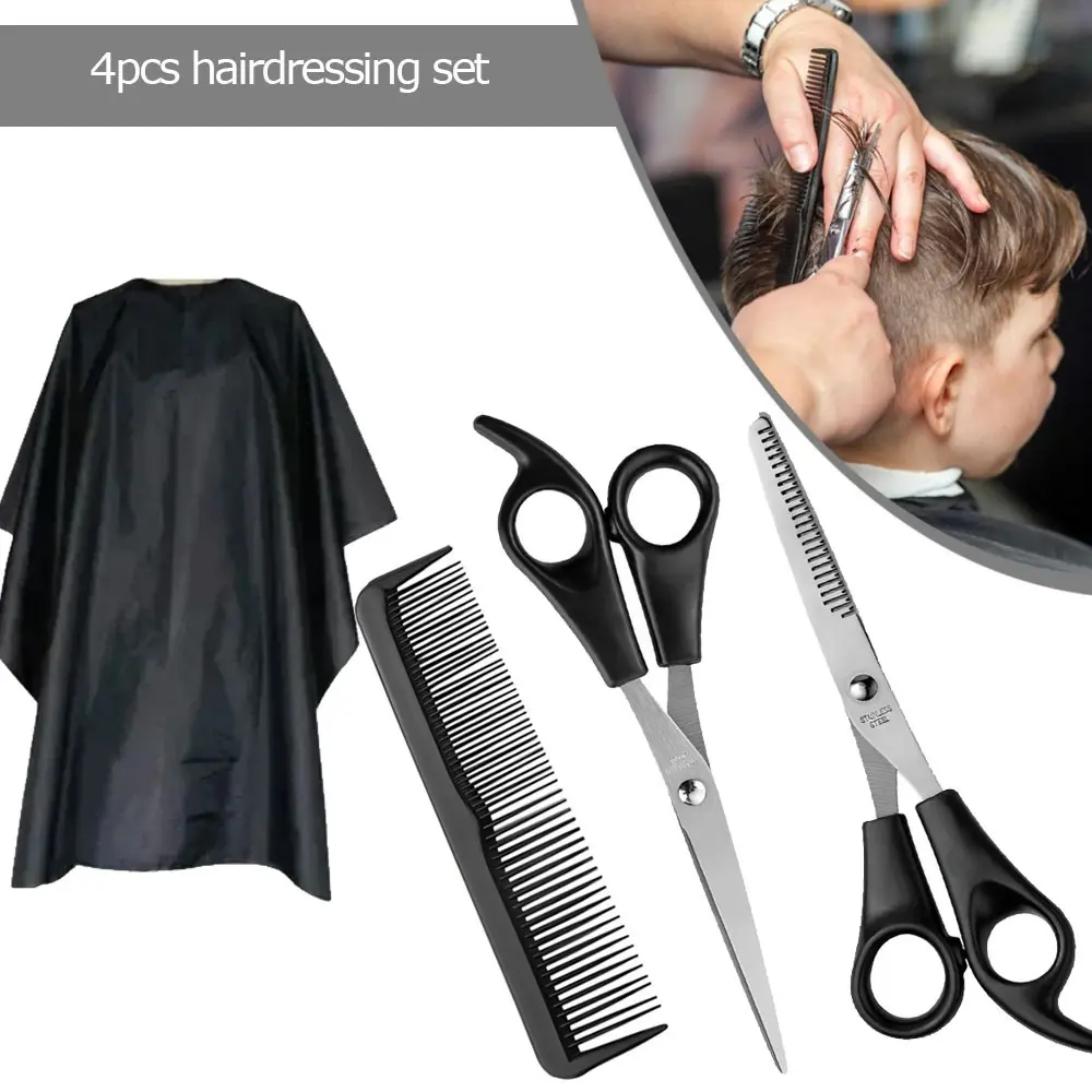 Haircut Tool Set 4 Pieces, Barber Cape, Hair Clippers, Sparse Clipper, Comb Kit, Stainless Steel Scissors for Men and Women, Home and Salon Use