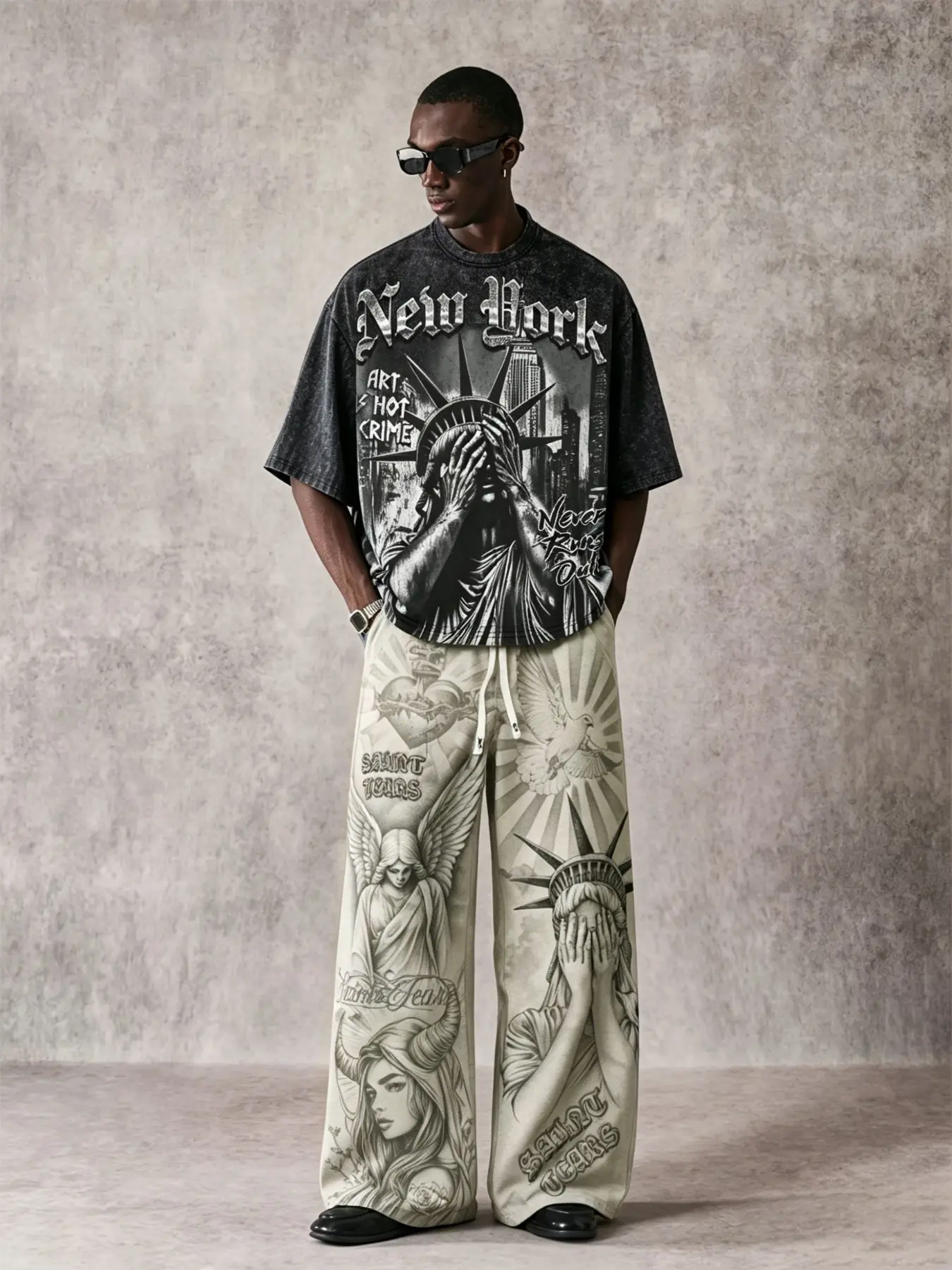 Men's "New York" Statue of Liberty Graphic 2-Piece Outfit, Oversized Vintage Wash Tee & Printed Wide Leg Pants Set, Casual Streetwear, 2026 Summer Grunge Style, Trendy Daily Hangouts, Lounging, Errands, Viral TikTok Must Have Essential, Retro Urban Fashio