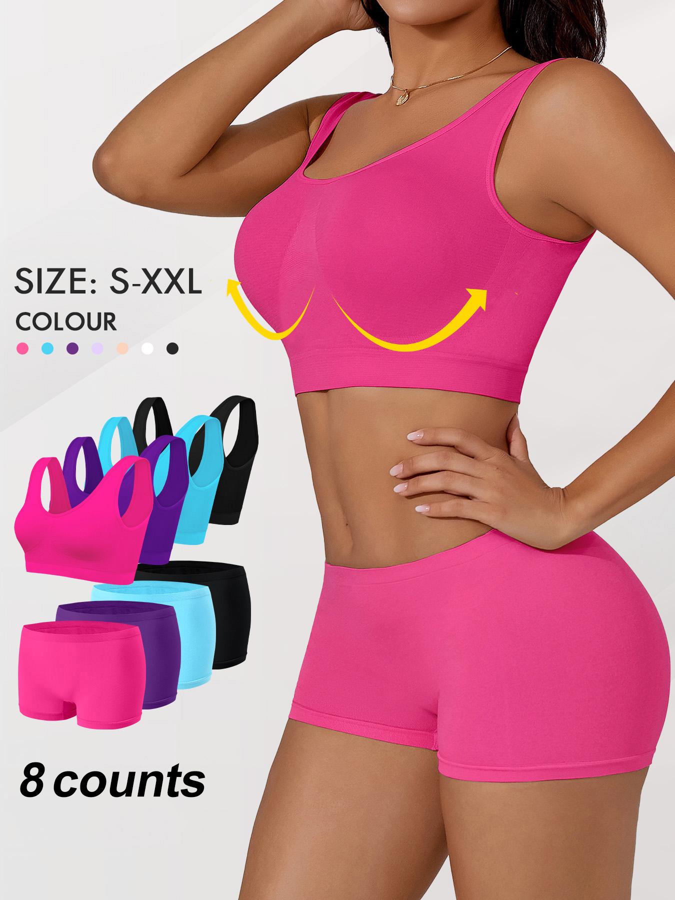 Women's Solid Wireless Bra & Skinny Boyshorts Set, Breathable Comfortable Backless Push Up Bra & Panty Shorts Underwear Sets, Women Sweatsuit Set, Ladies Underwear Set for Indoor Wear, Women's Underwear Set, Yoga Clothes Set, Activewear Clothing