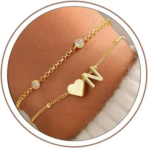 Turandoss Heart Initial Bracelets for Teen Girls Dainty 14K Gold Plated Layered Initial A-Z Bracelets Teen Girl Trendy Stuff Birthday Jewelry Gifts for 5-16 Years Old Girls