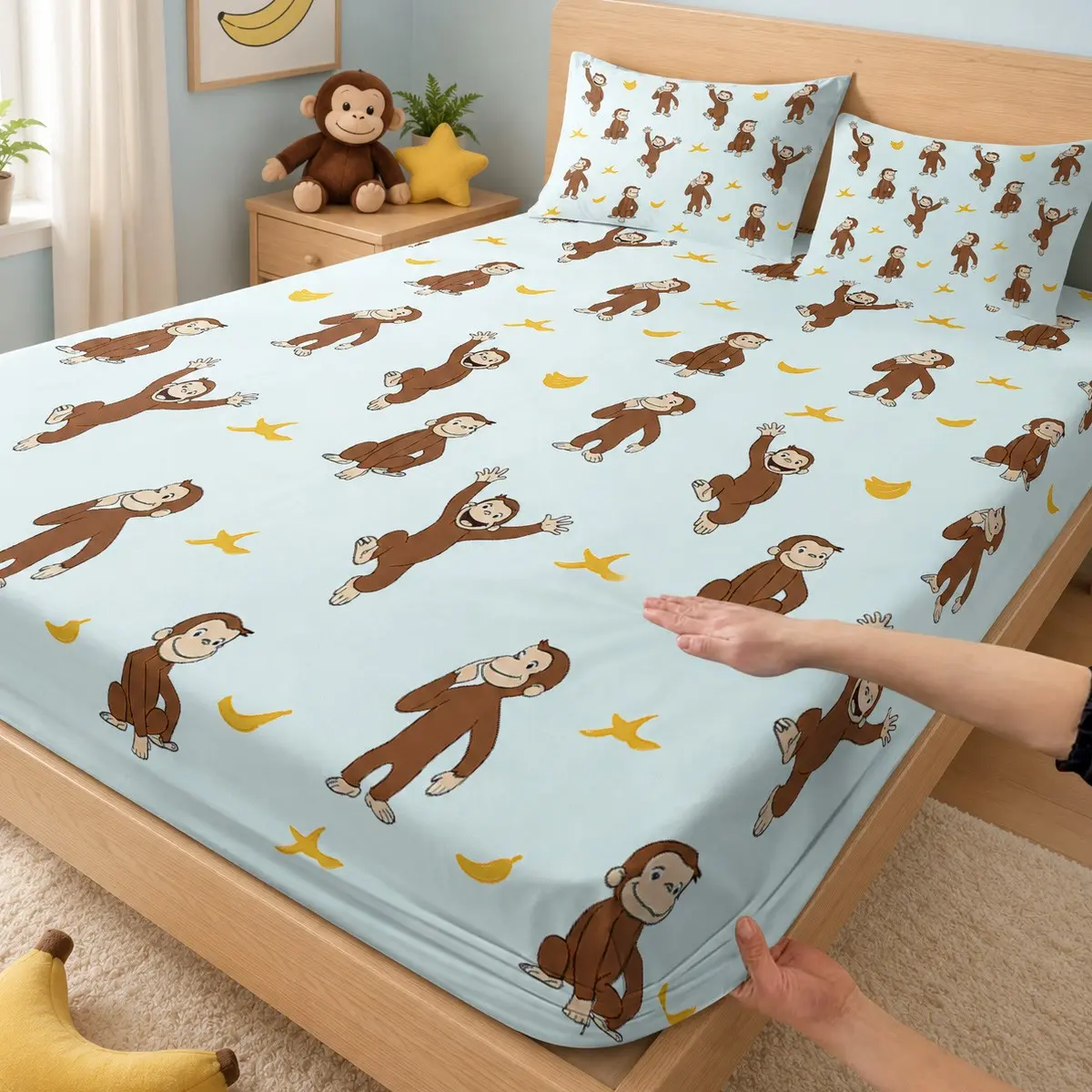 3pcs light blue cartoon fitted sheet set with playful monkey and banana print, Bedsheet sets, one fitted sheet + two pillowcases, comfortable and breathable, available in multiple sizes, suitable for master bedroom, guest room