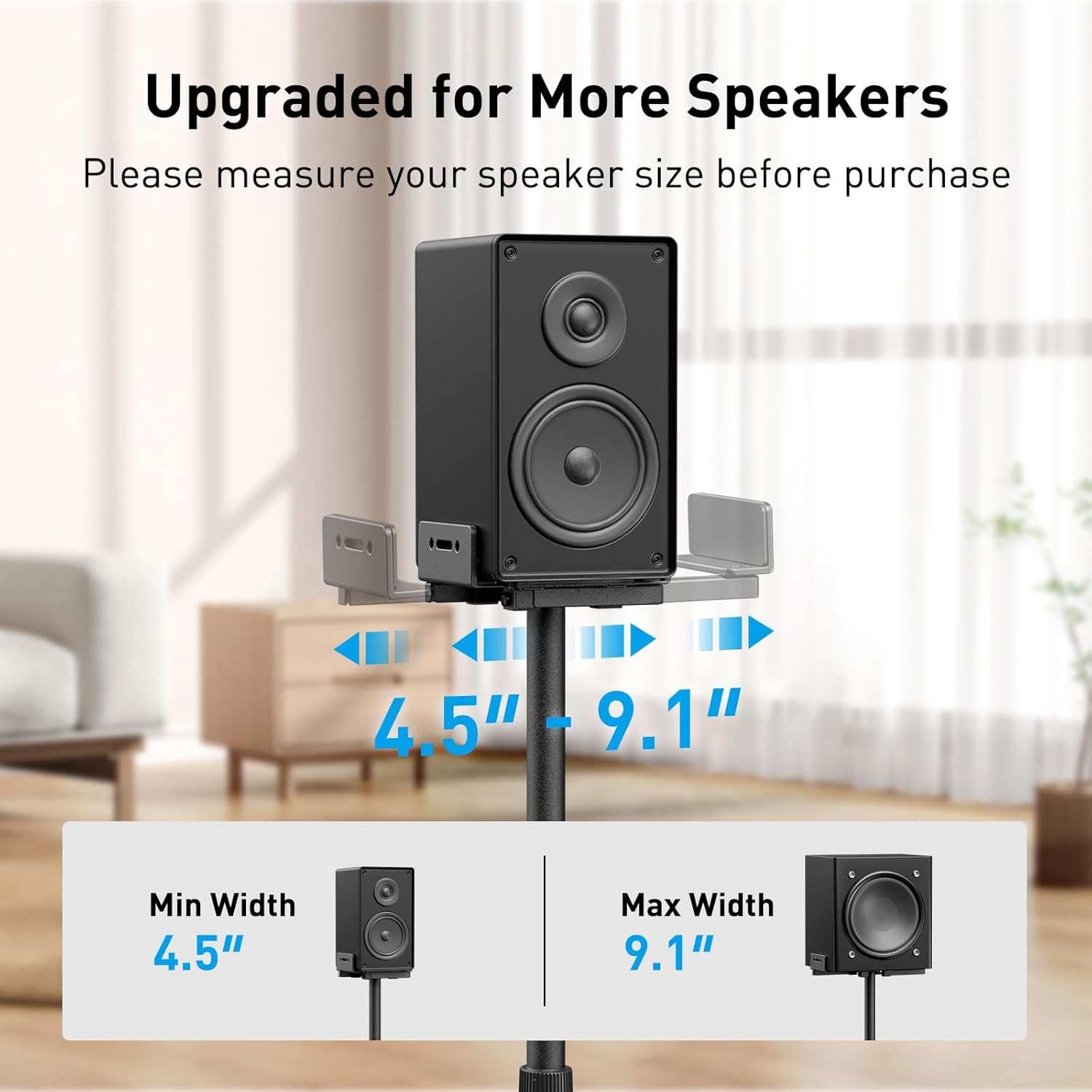 Universal Speaker Stands for Surround Sound -Height Adjustable Extend 33.3"to 45.1", Floor Speaker Stand for  & Studio & Bookshelf Speakers up to 11LBS,1 Pair Black, PSSS2