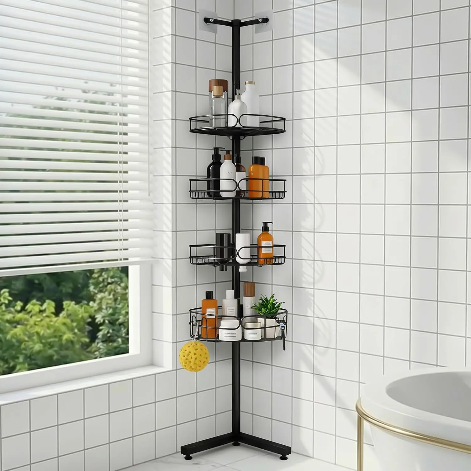 Standing Shower Caddy Corner, 4-Tier Adjustable Height Bathroom Organizer, 6-Section Pole, Sturdy Floor Standing Shelf for Shower or Bathtub – No Drilling, No Spring Tension