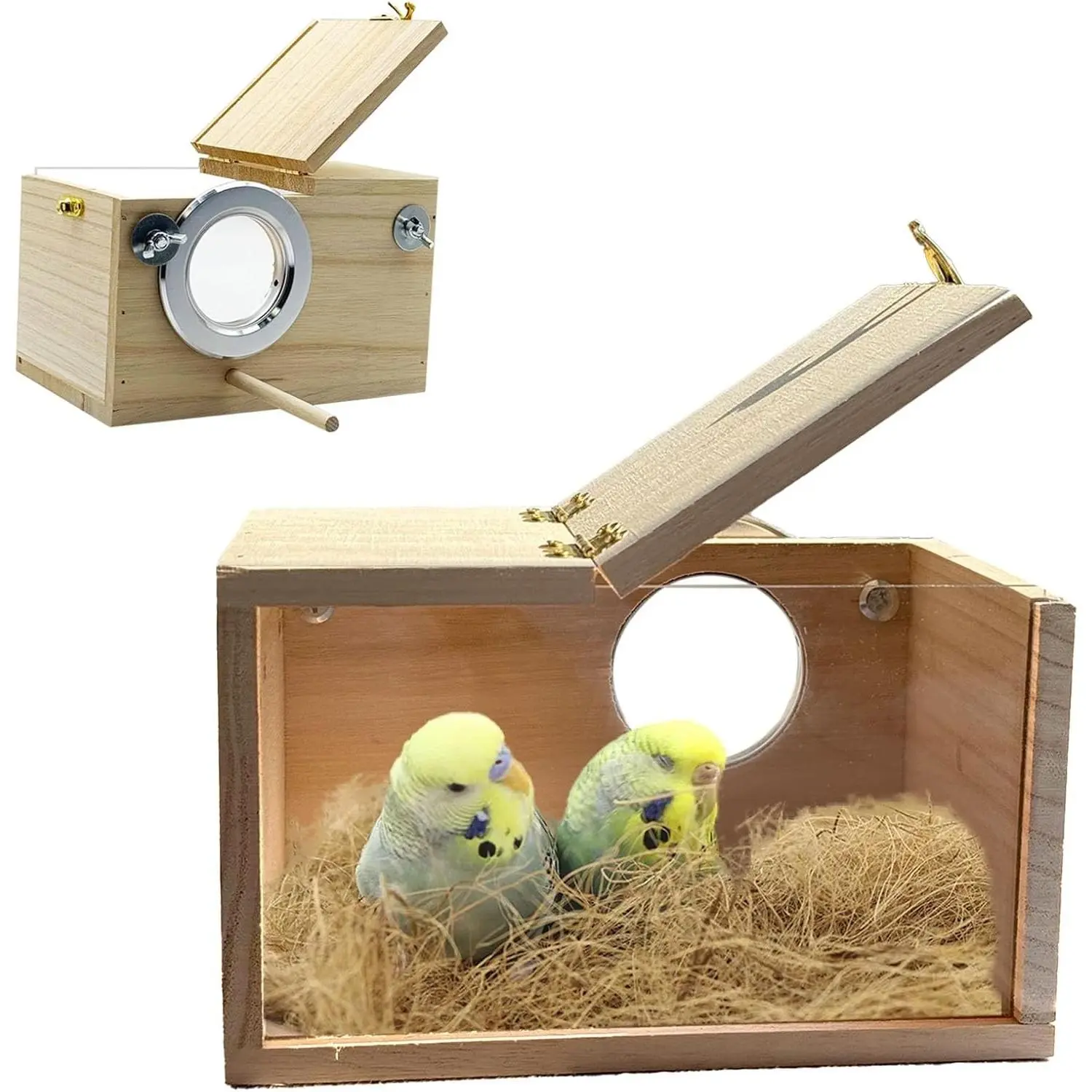 Horizontal S Transparent Wood Parakeet Nesting Box with Perch, 7.87x4.72x4.72in Bird Breeding House for Cage Aviary, Breeding Box