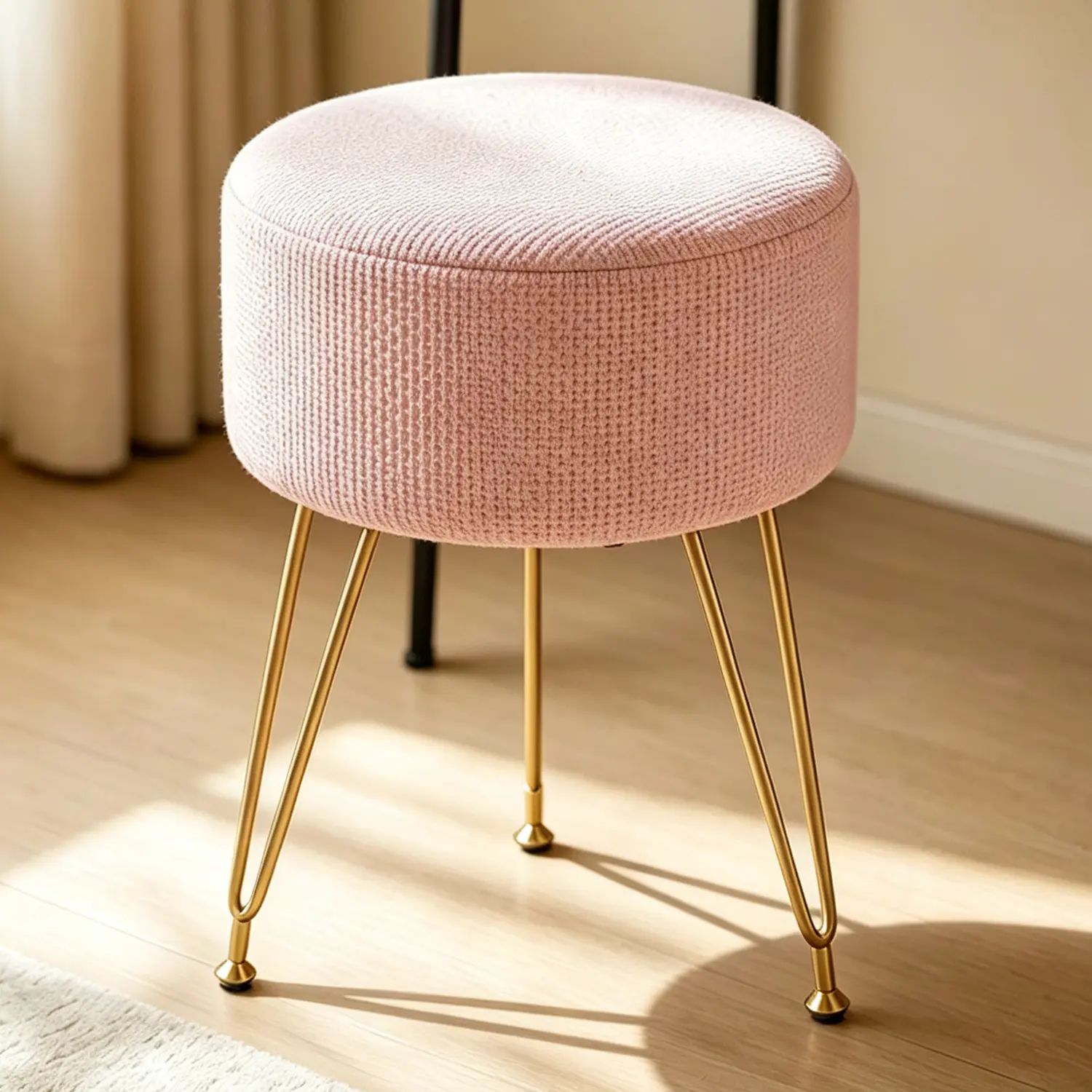 Round Ottoman Foot Stool & Vanity Chair with 6" Thick Cushion - Footrest Vanity Stools for Makeup Room, Bedroom, Living Room, Entryway, Offices