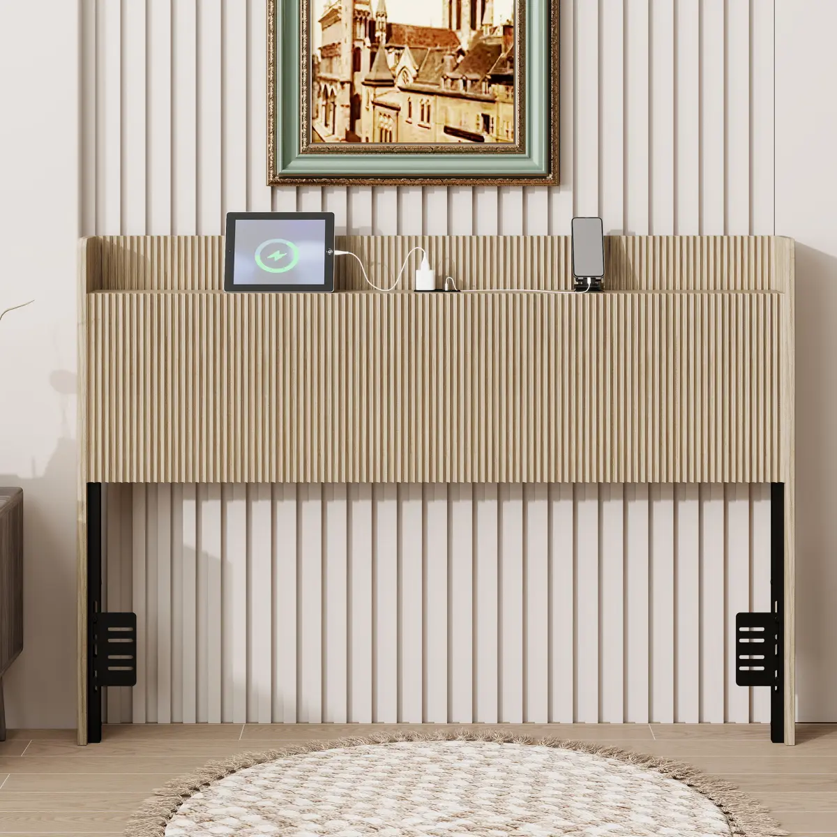 Fluted Headboard with Charging Storage Compartment, Adjustable Metal Support Legs, Vertical Slat Wood Headboard for Twin Full Queen Size Bed, Freestanding Farmhouse Bed Headboard fo(Golden Oak, Queen)