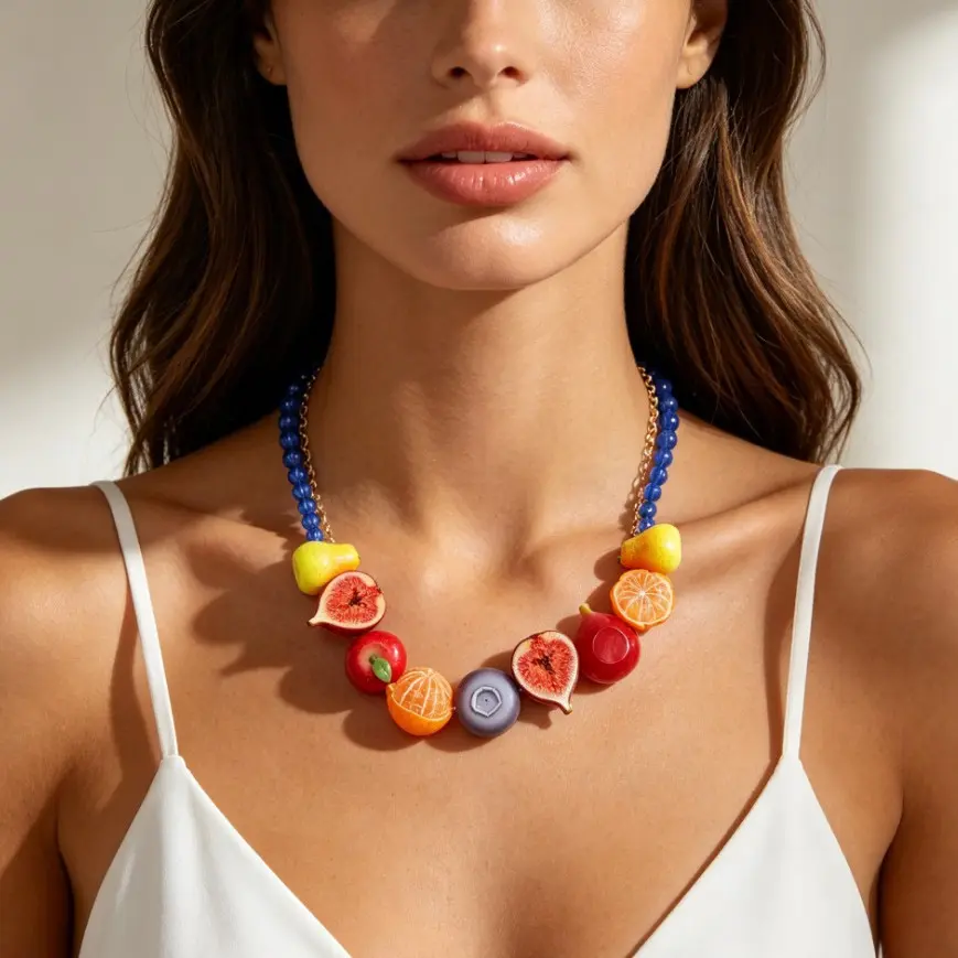 Women's Handmade Boho Fruit Beaded Necklace Set - Cowhide Leather Pendant Chain, Colorful Boho Charm, Whimsical Dainty Summer Beach Casual Vacation Jewelry, Artisanal Female Accessory