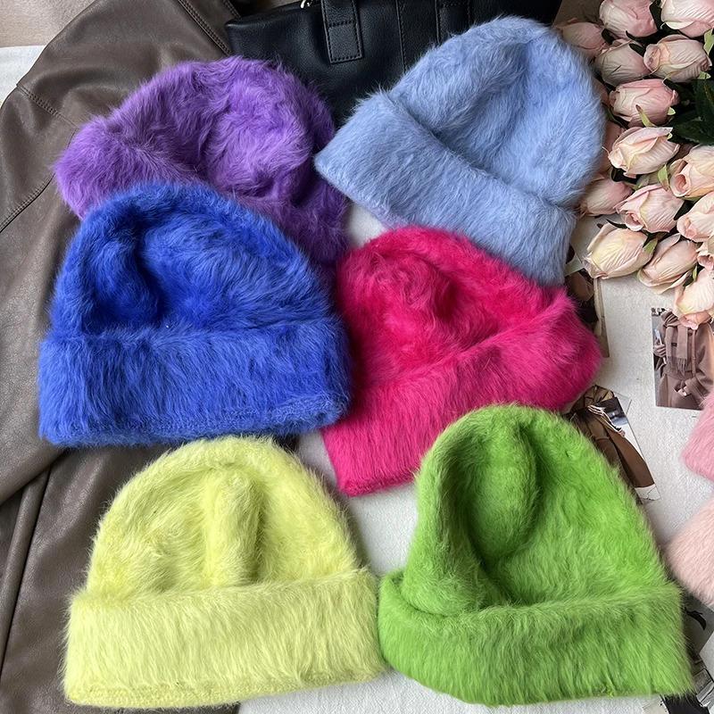 Winter Warm Unisex Y2k Beanies Leisure Outdoors Soft Fluffy Angola Winter Knitted Hat Female Plush Windproof Bonnet Skullies Cap