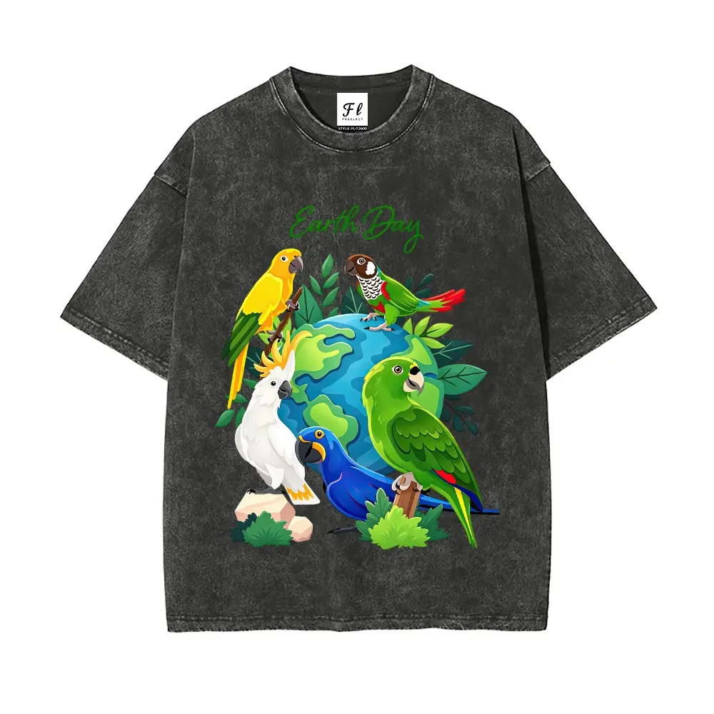 Men's Earth Day Parrot Short-Sleeve T-Shirt - Washed Look, Vintage, Oversized, Round Neck, Unisex Casual Wear, Menswear Tee, Shortsleeve
