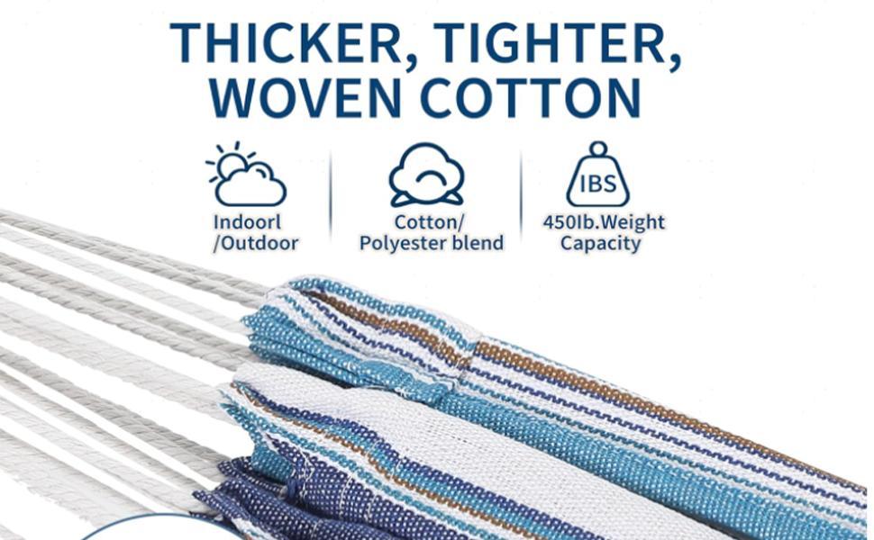 Single Hammock with Stand, Brazilian Style Cotton Fabric Portable Lounger, 450 lbs Capacity Heavy Duty, Easy Assembly Indoor Outdoor Use for Backyard, Balcony, Camping,Ocean Color