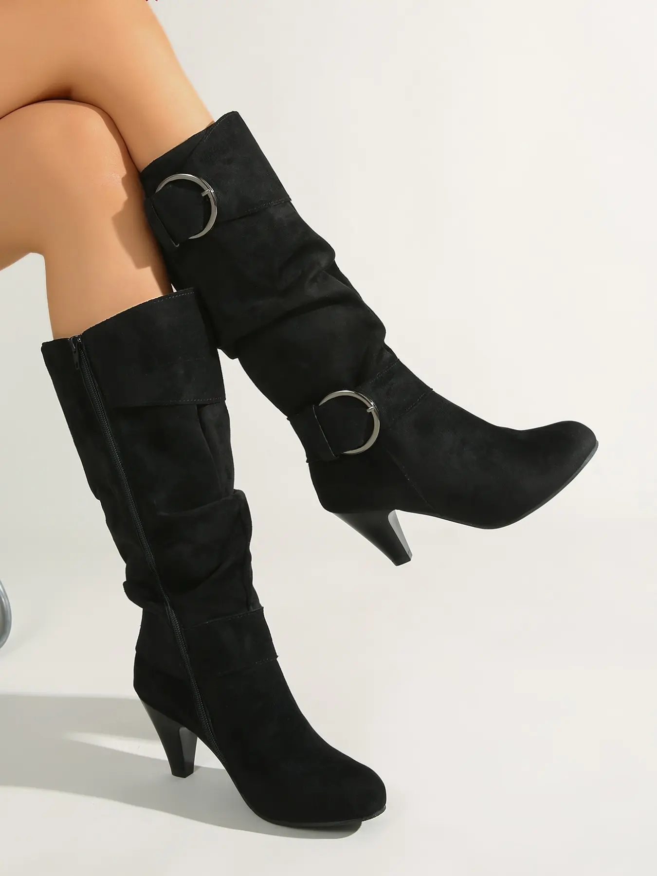 Western Style Women's Mid-Calf Boots, Faux Suede, Dual Metal Buckles, High Heel, Side Zipper, Slimming, Vintage, Fall & Winter, Cowboy Cowgirl Boots