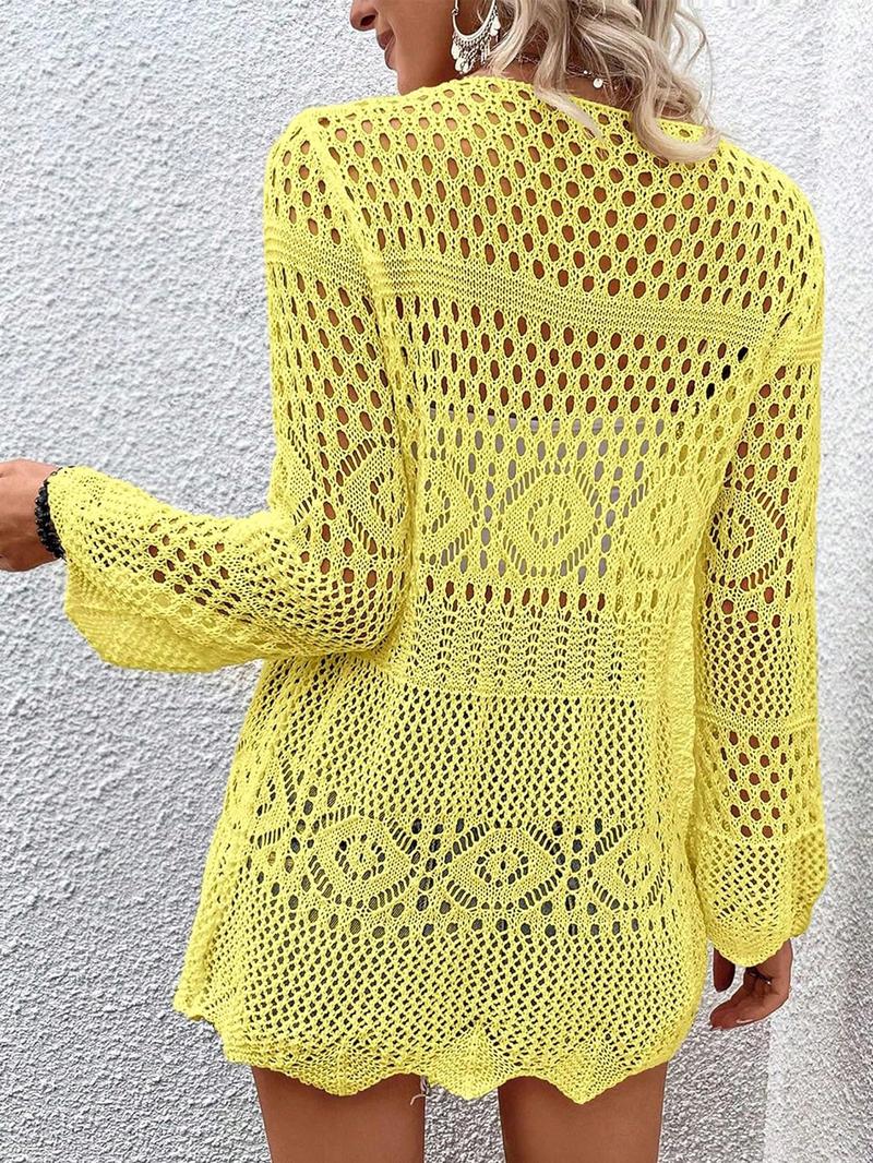 Women's Solid Color Hollow Out Crochet Cardigan, Lady Casual Long Sleeve Tie Front Knitwear for Summer, Fashion Women's Knit Clothing for Beach Vacation, Womenswear, Cardigan Sweater, Longsleeves Clothes for Women, Relaxed Fit Cardigan