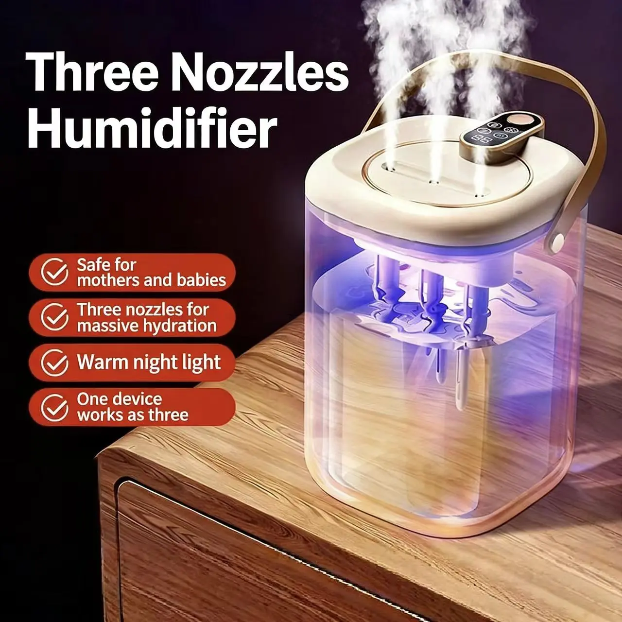 2L Large Capacity Rechargeable Humidifier, 3-Nozzle Strong Mist, Ai Smart Humidity Control, 99.99% Antibacterial, Quiet USB Cordless for Bedroom Office