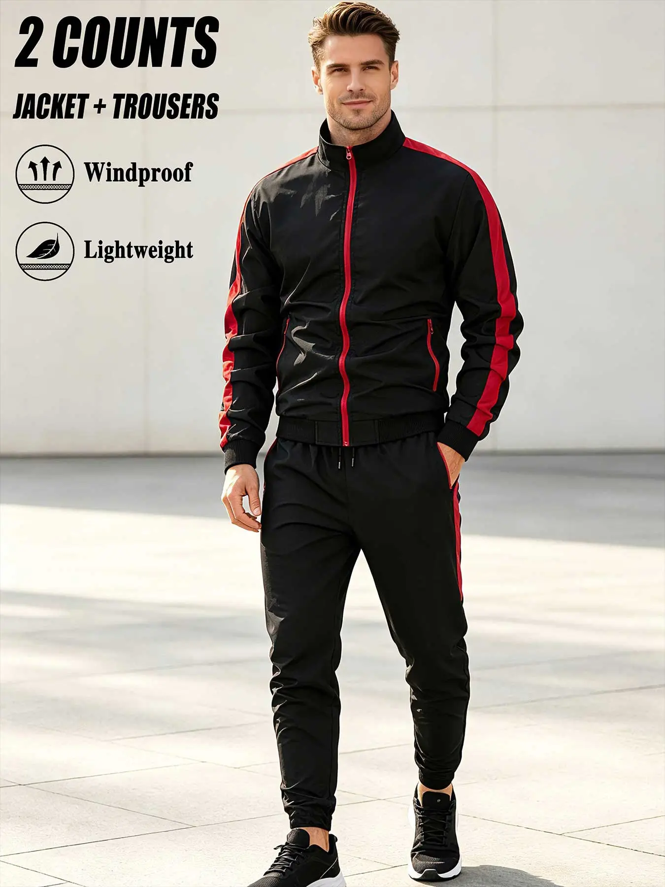Men's Two-Piece Set: Patchwork Zipper Jacket & Straight Drawstring Pants, Spring Fall New Arrival, Casual Comfort, Windproof Warm